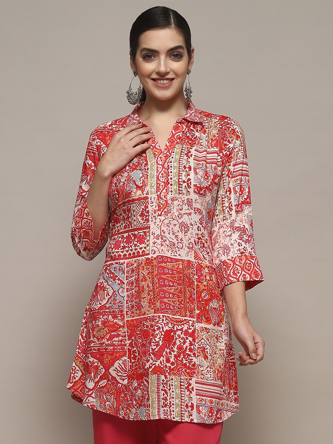 

Biba Abstract Printed Shirt Collar Three Quarter Sleeves Above Knee A-Line Kurti, White