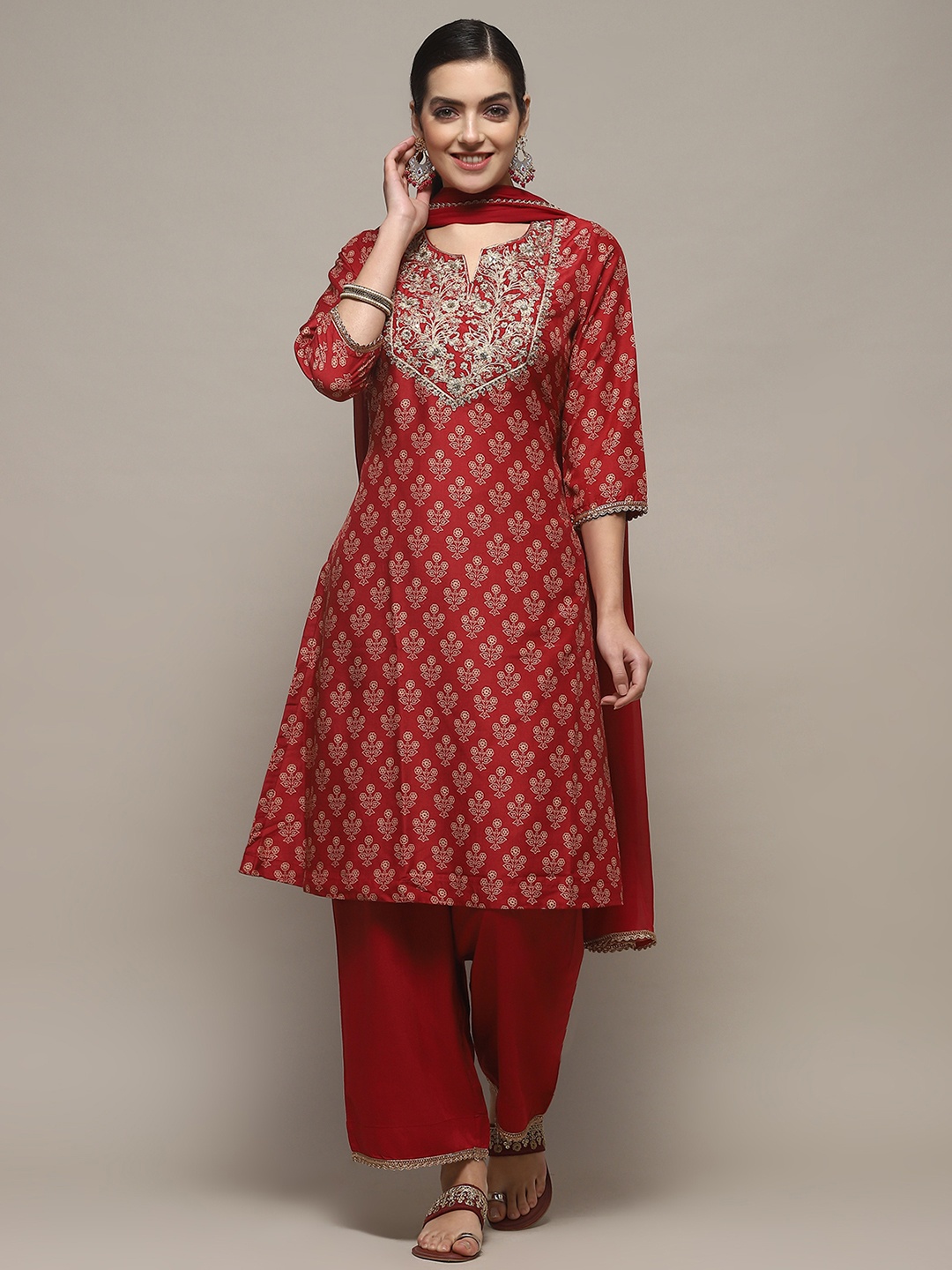 

Biba Ethnic Motifs Printed Regular Thread Work Straight Kurta with Palazzos & Dupatta, Red