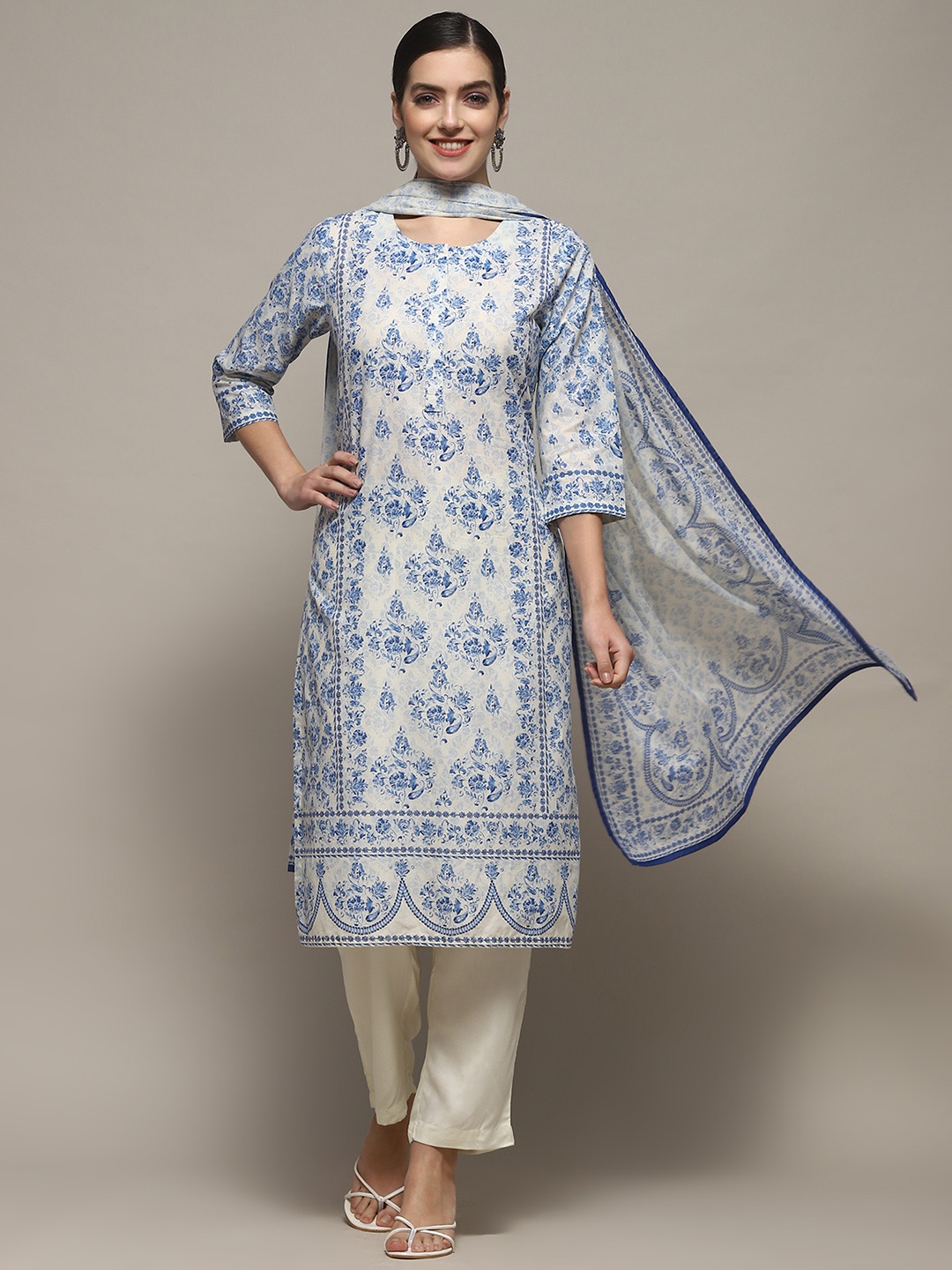 

Biba Floral Printed Pure Cotton Kurta With Palazzo & Dupatta, Off white