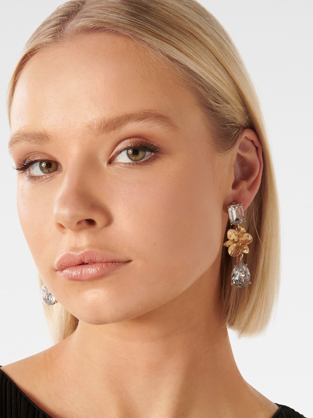 

Forever New Gold-Plated Stone Studded Floral Drop Earrings