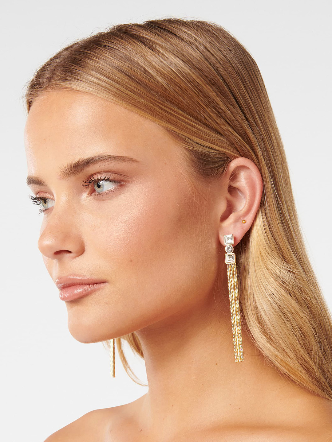 

Forever New Gold-Plated Stone Studded Contemporary Drop Earrings