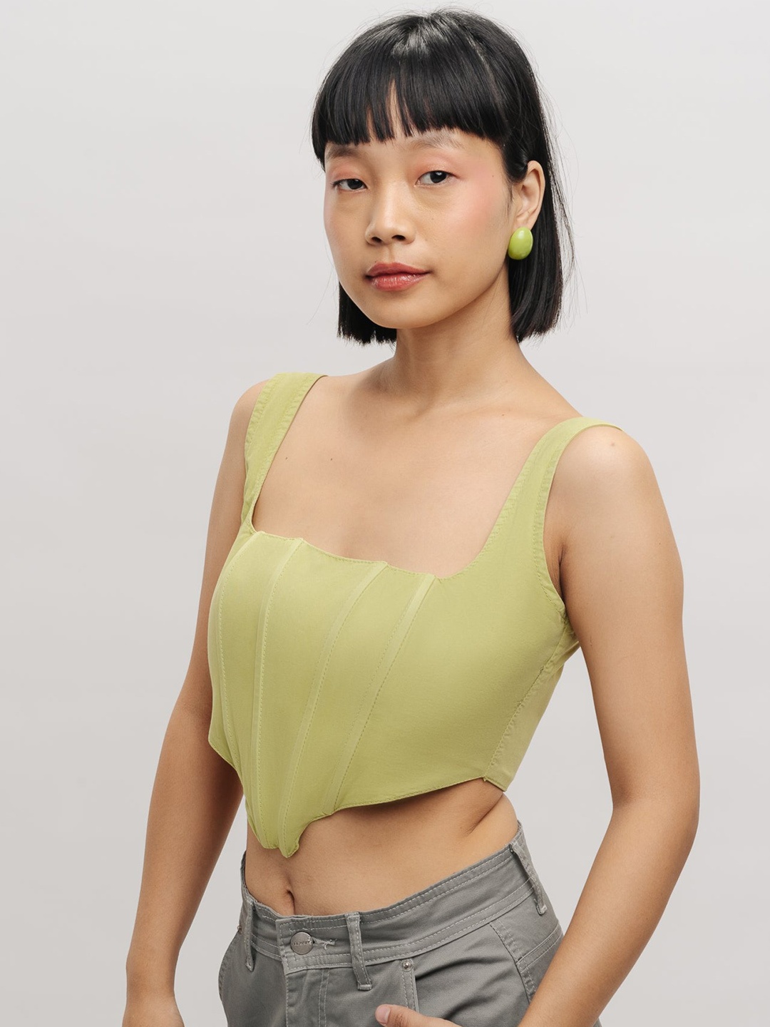 

FREAKINS Green Sleeveless Crop Corset Cotton Top