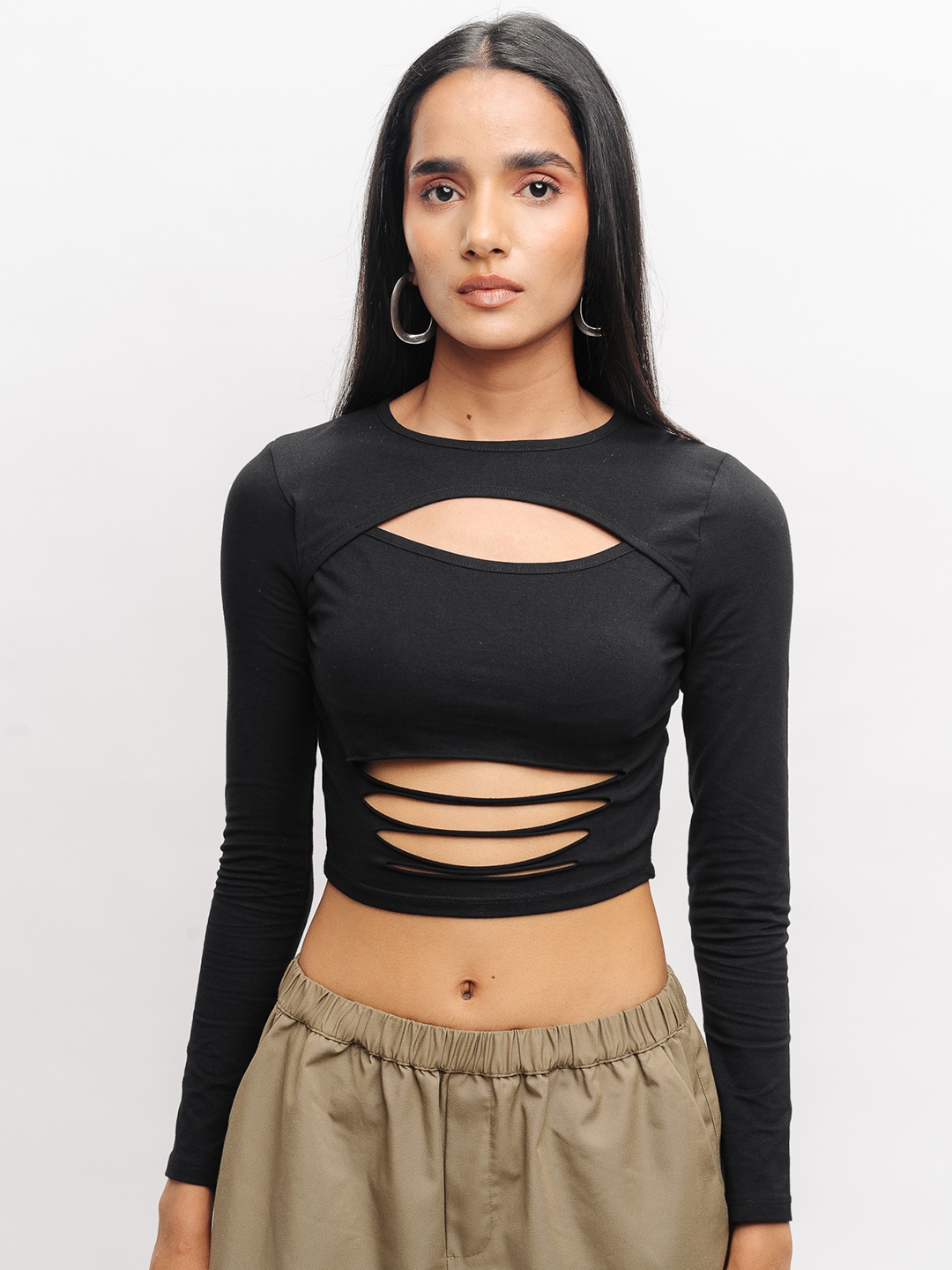 

FREAKINS Ripped Fitted Cut-out Cotton Crop Top, Black
