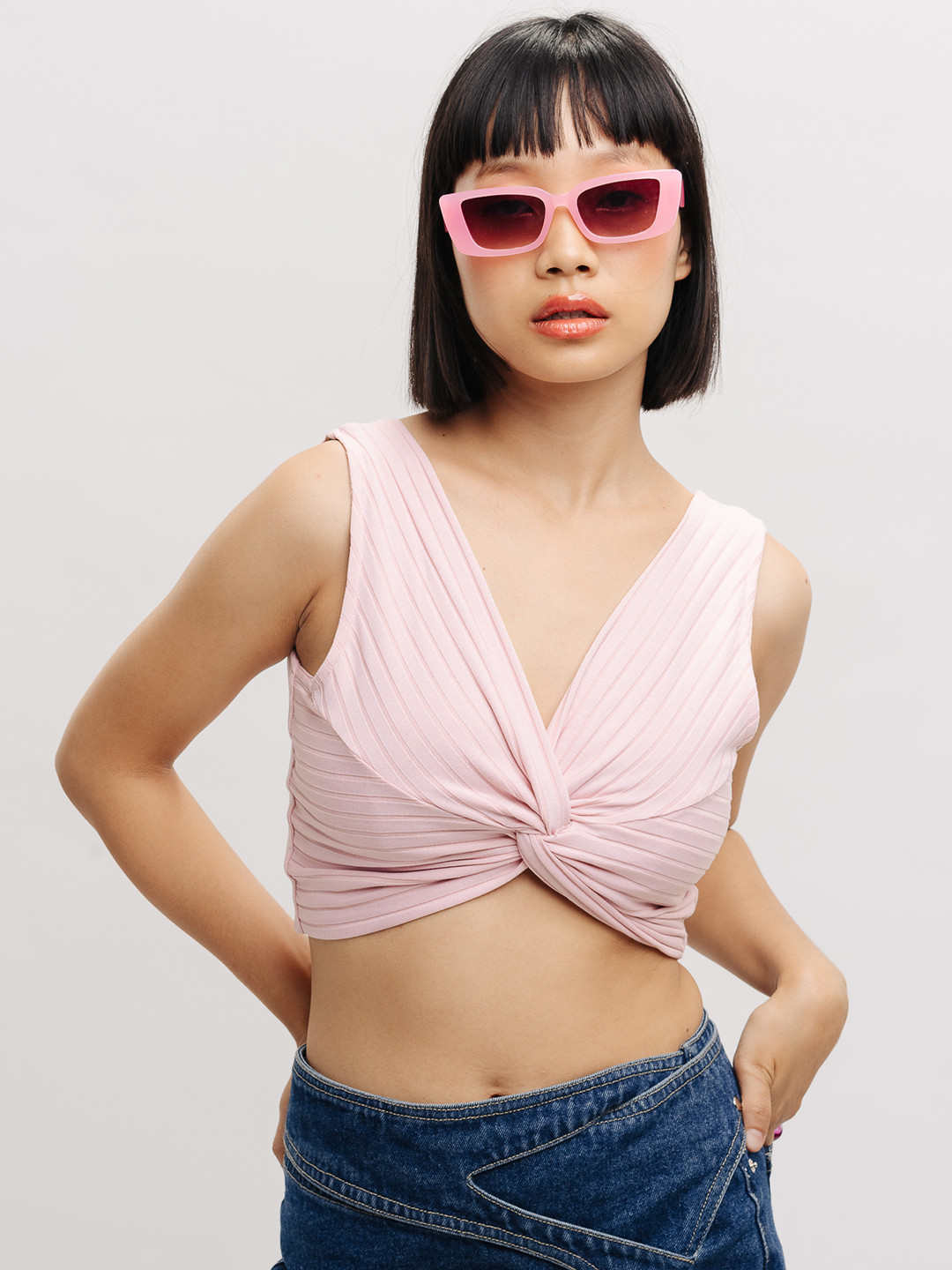 

FREAKINS Sleeveless Tie-Knot Cotton Crop Top, Pink