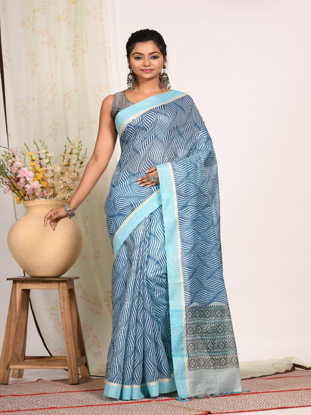 

Morchari Geometric Block Print Tissue Saree, Blue