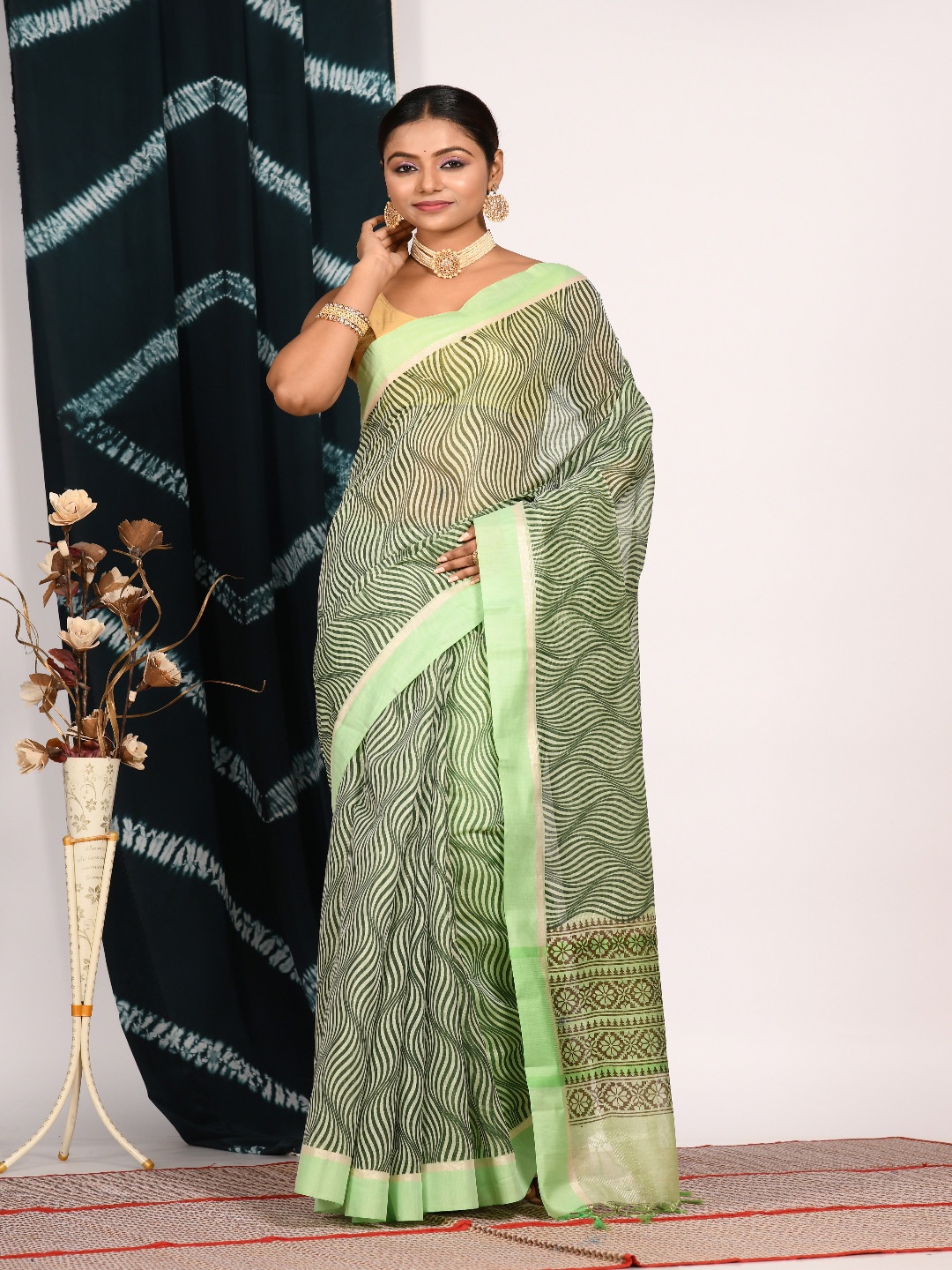 

Morchari Tissue Block Print Saree, Green