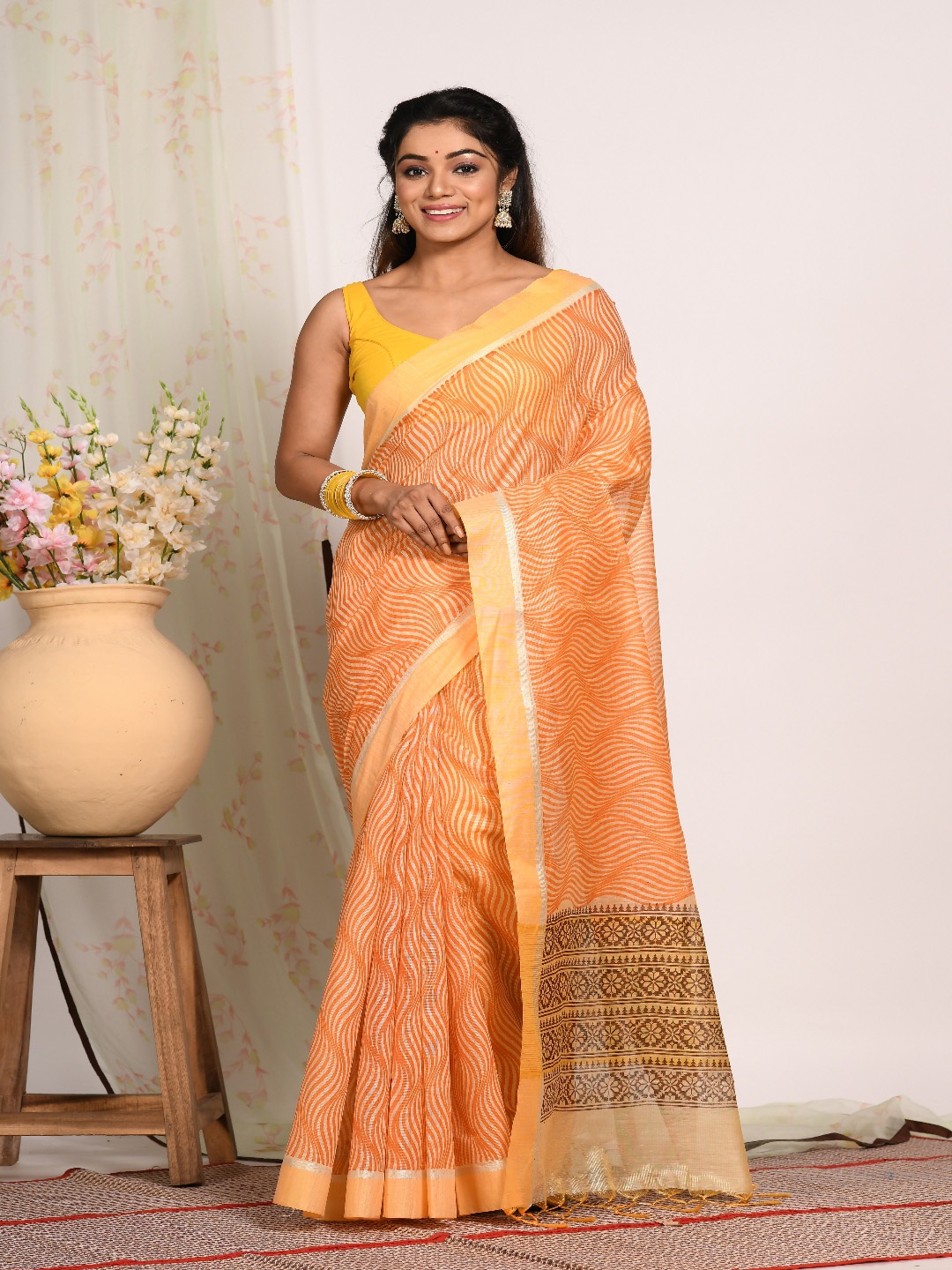 

Morchari Zari Tissue Block Print Saree, Orange