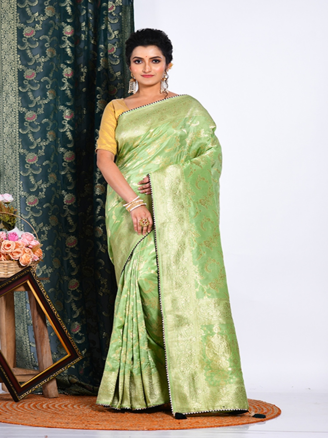 

Morchari Floral Woven Design Gotta Patti Zari Saree, Green