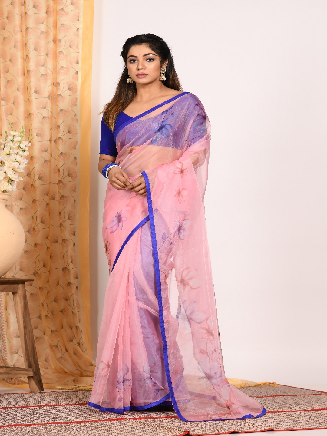 

Morchari Pink & Blue Floral Printed Organza Saree