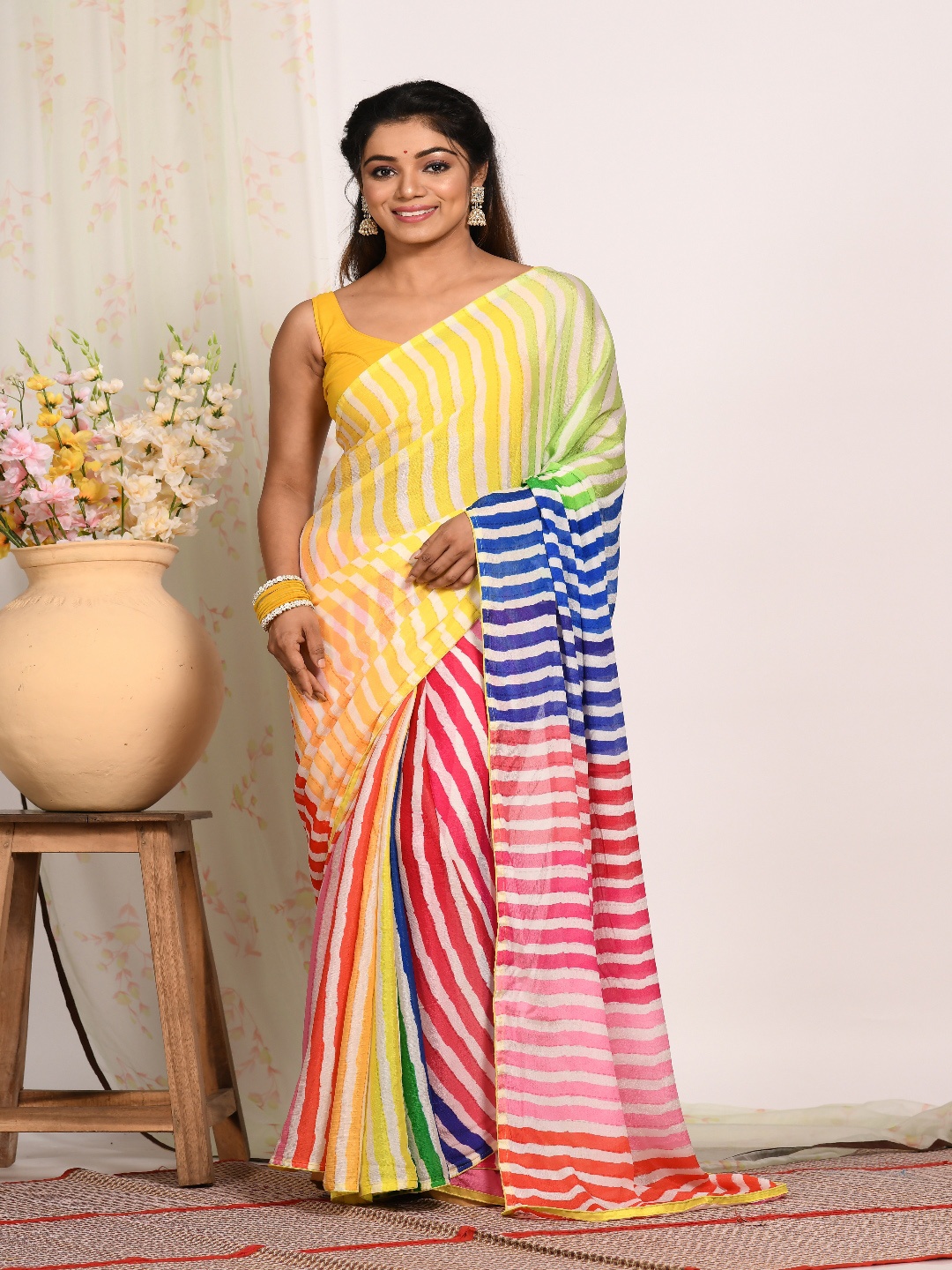 

Morchari Striped Pure Chiffon Saree, Blue