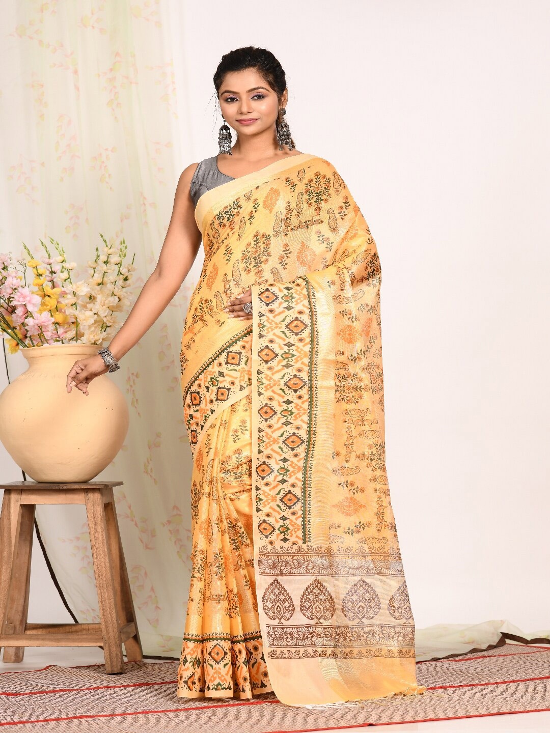 

Morchari Yellow & Green Ethnic Motifs Printed Tissue Block Print Saree