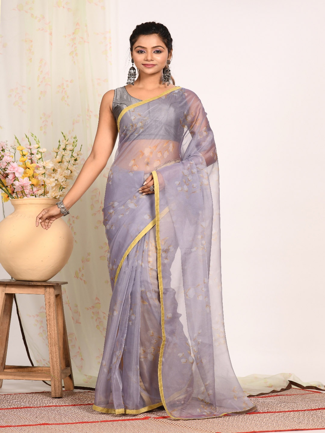 

Morchari Floral Printed Organza Saree, Grey
