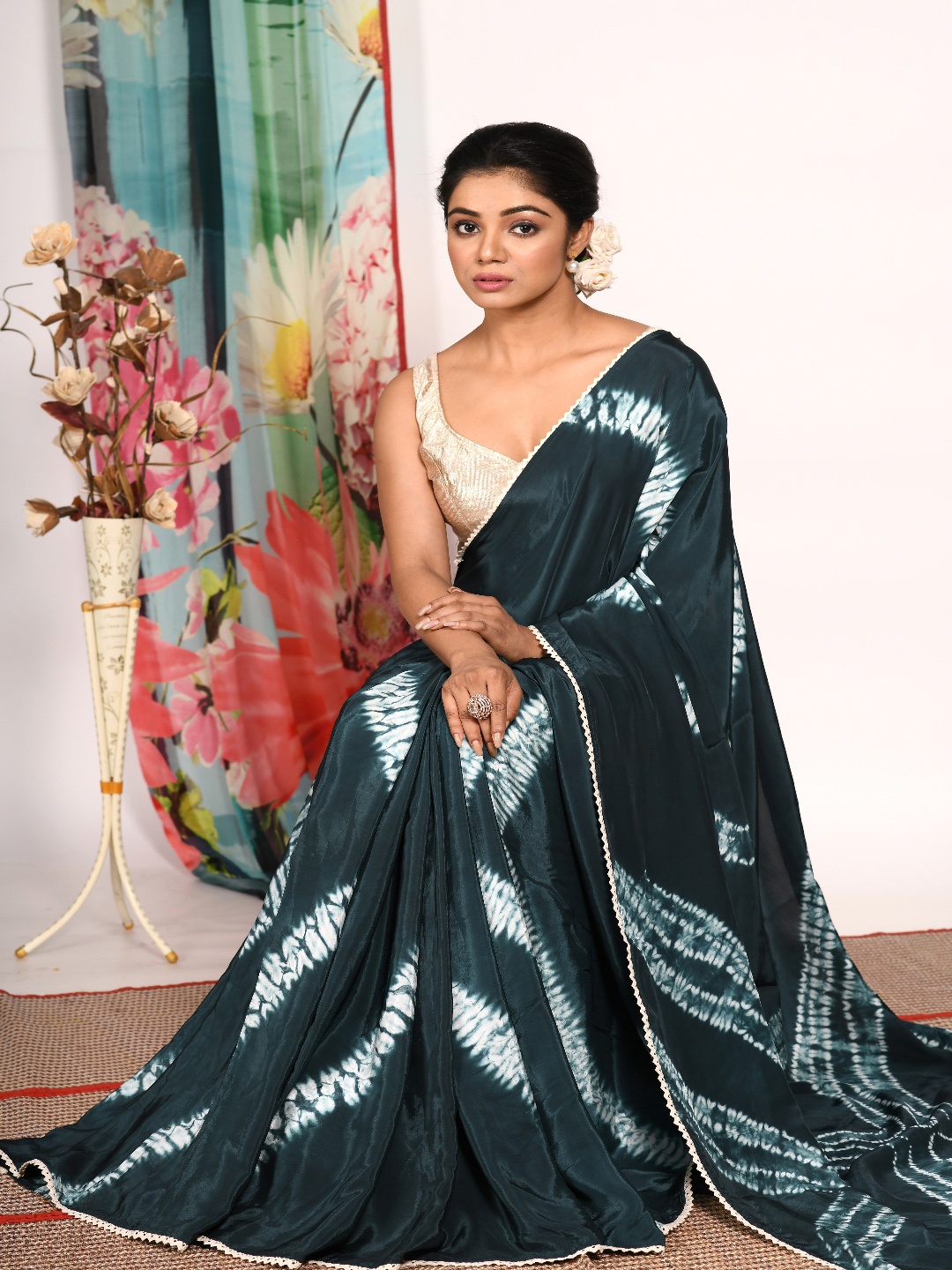 

Morchari Tie and Dye Printed Gotta Patti Pure Crepe Saree, Teal