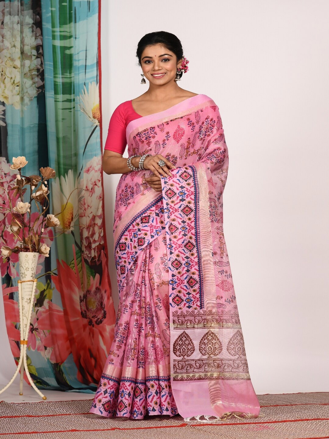 

Morchari Pink & Blue Paisley Block Printed Tissue Saree