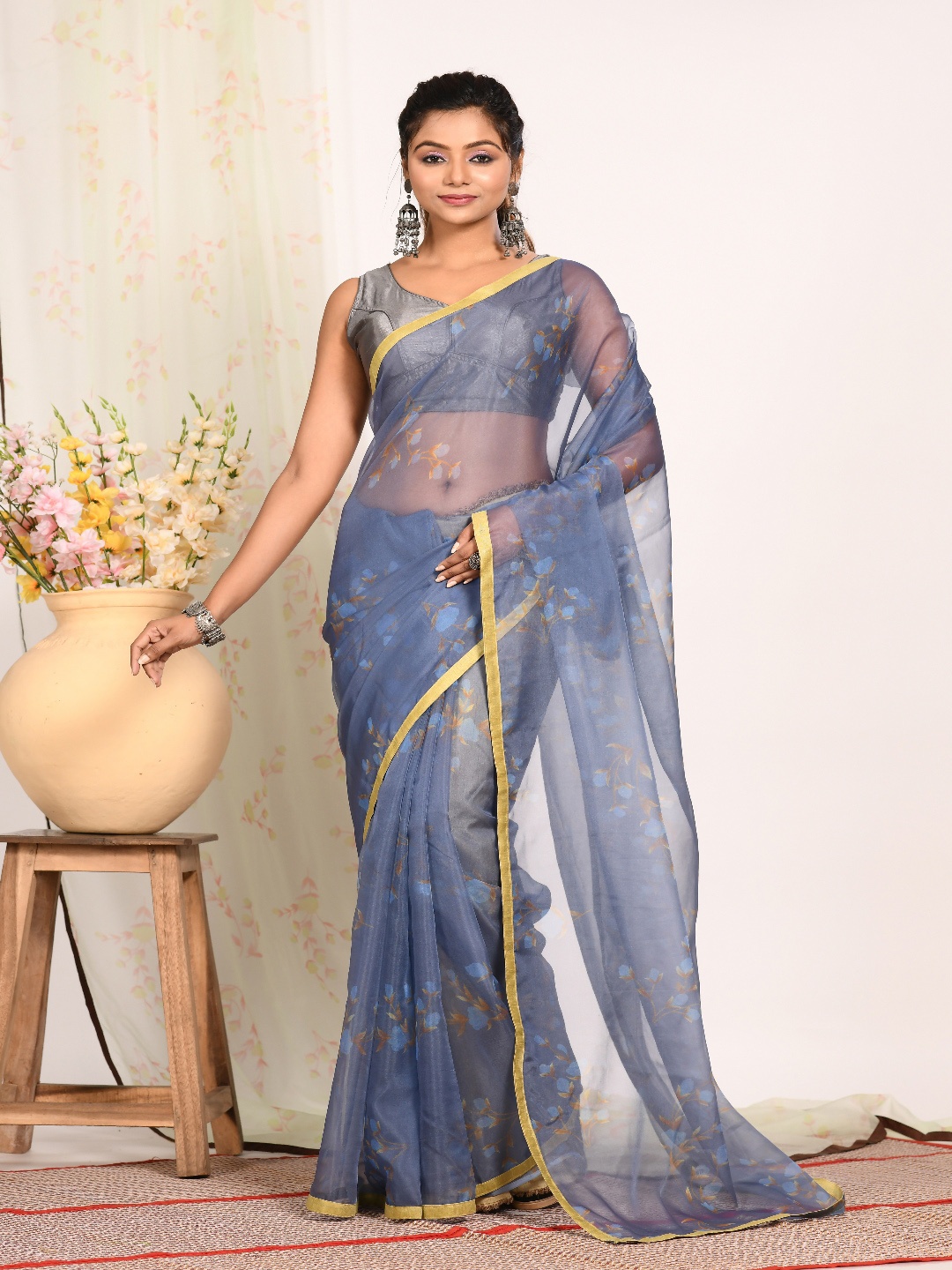 

Morchari Floral Print Organza Saree, Grey