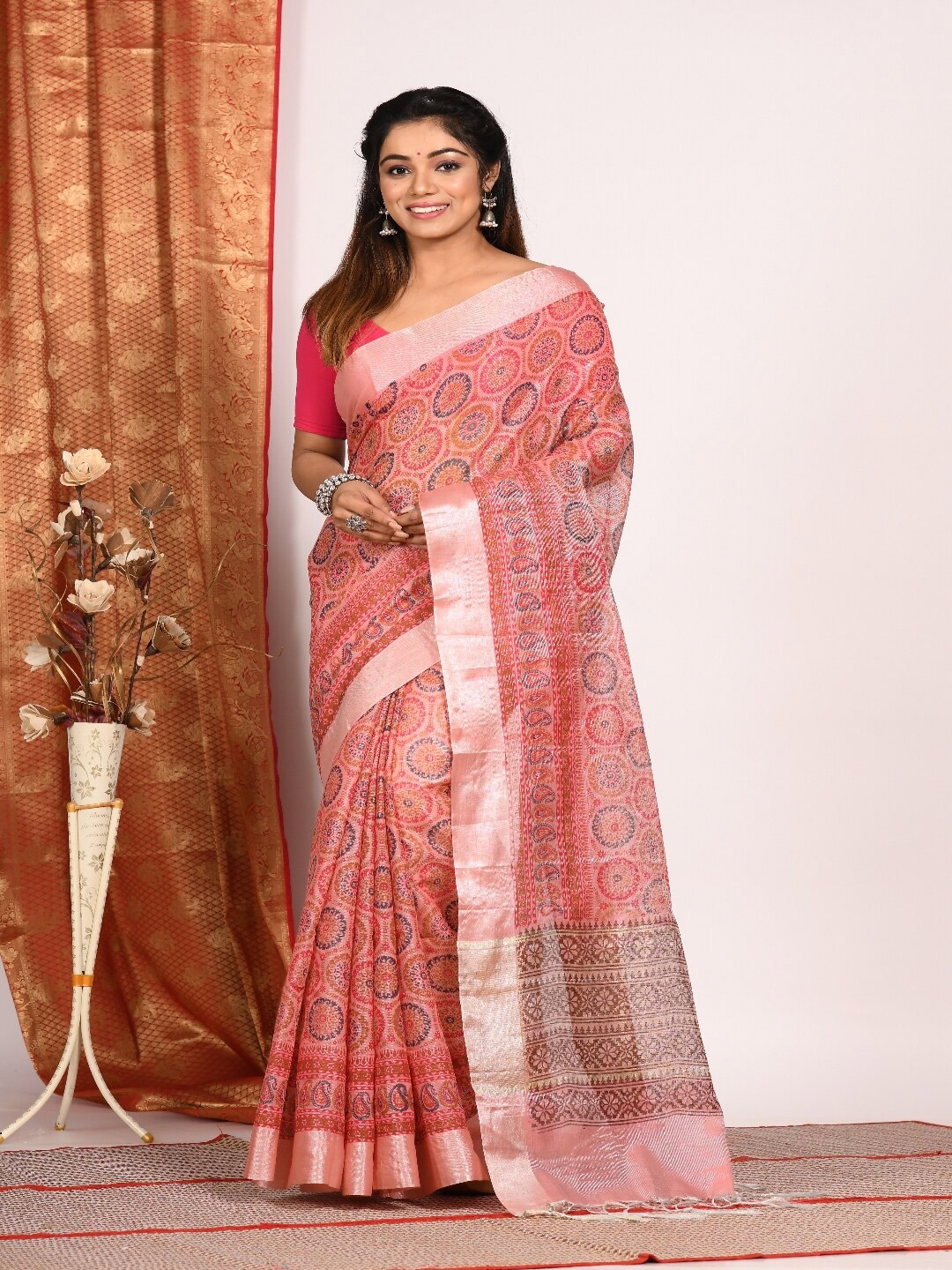 

Morchari Red & Blue Ethnic Motifs Zari Block Printed Tissue Saree