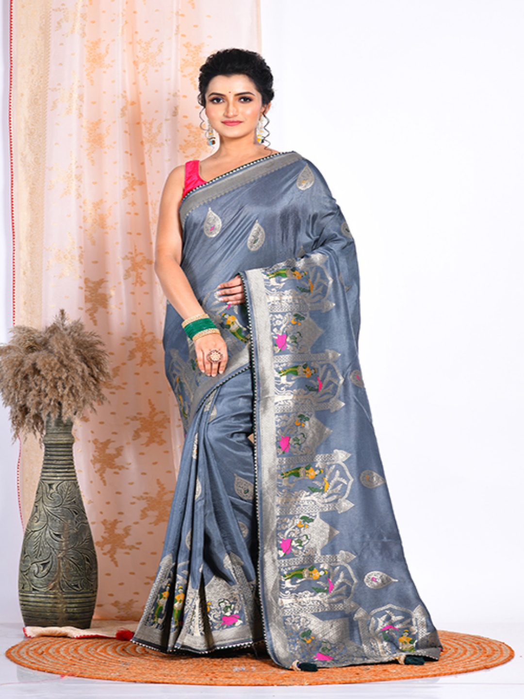 

Morchari Ethnic Motifs Woven Design Zari Silk Saree, Grey