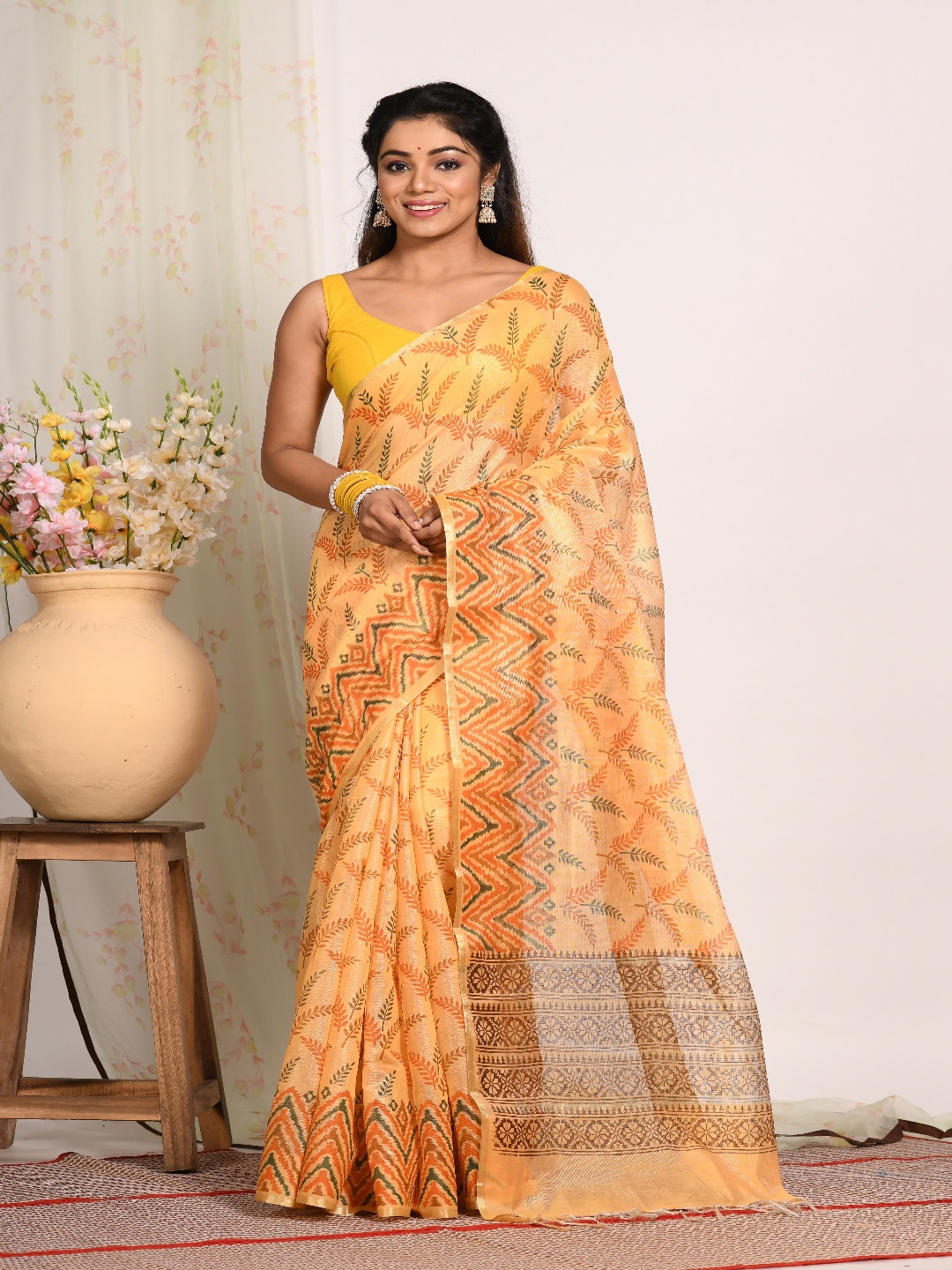

Morchari Floral Tissue Block Print Saree, Yellow