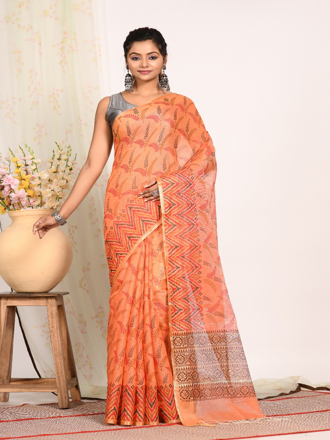 

Morchari Floral Printed Zari Tissue Block Print Saree, Orange