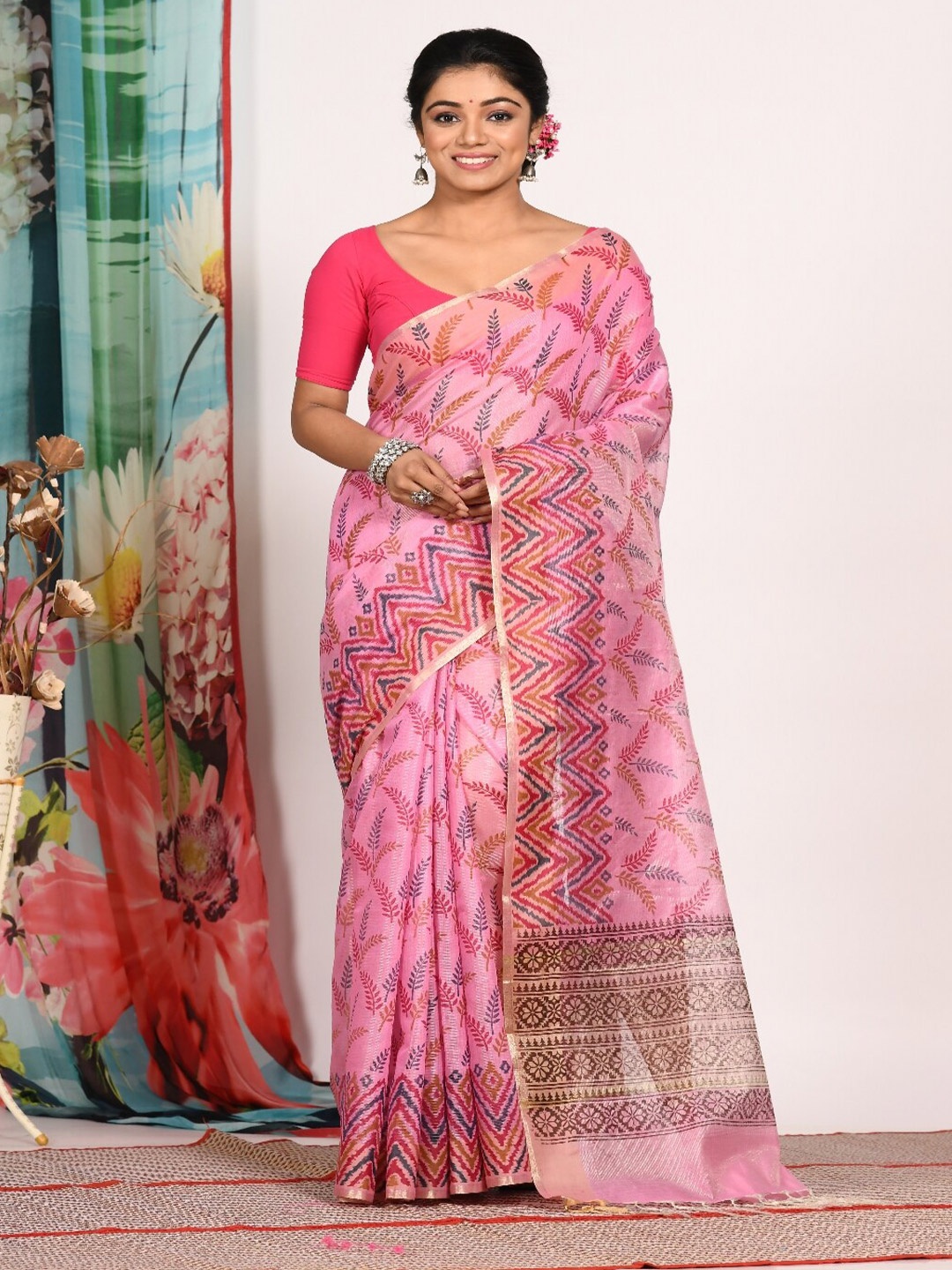 

Morchari Floral Block Print Zari Tissue Saree, Pink