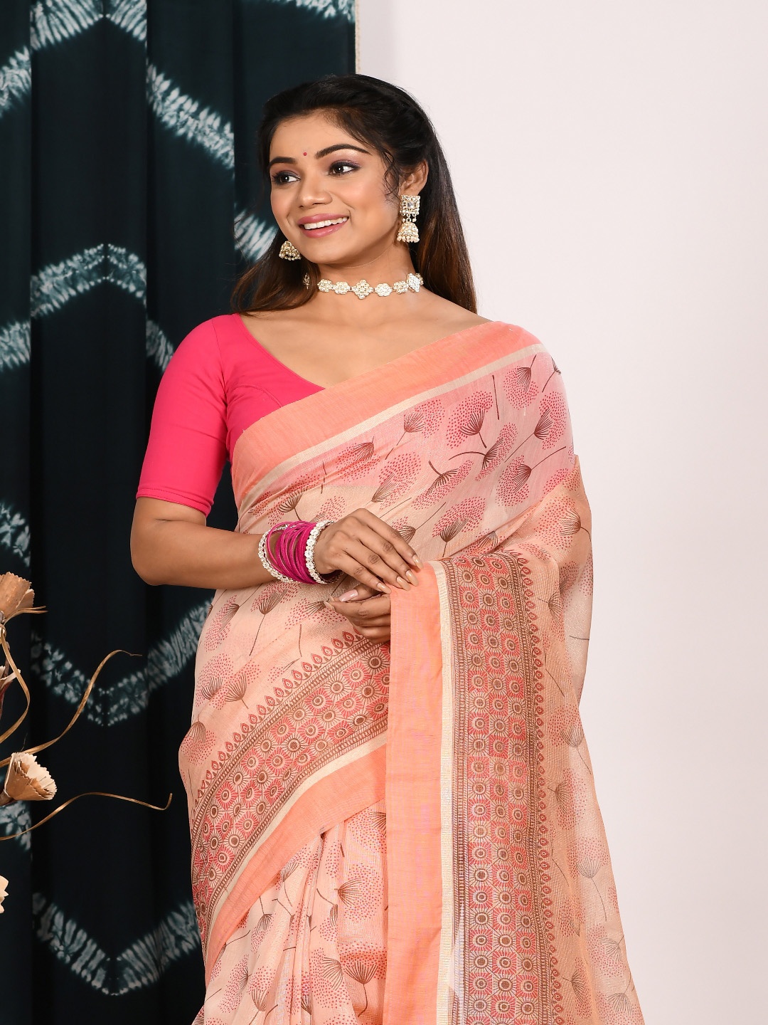 

Morchari Floral Tissue Block Print Saree, Peach