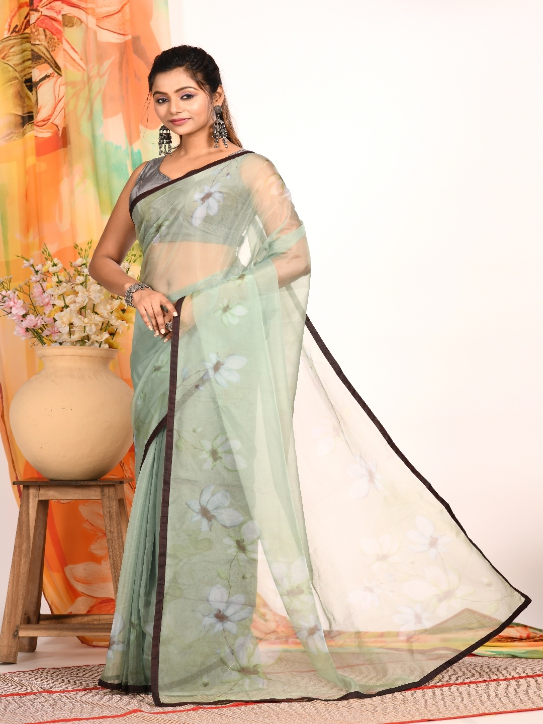 

Morchari Floral Printed Bhagalpuri Saree, Green