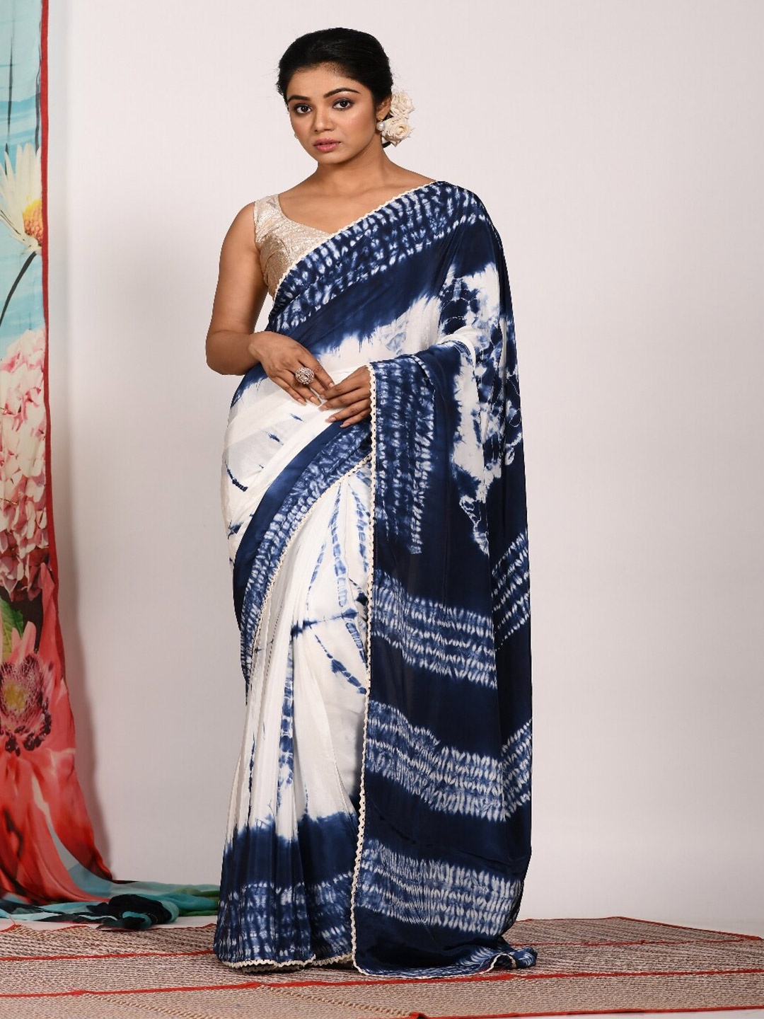 

Morchari Tie And Dye Embroidered Pure Crepe Saree, Blue
