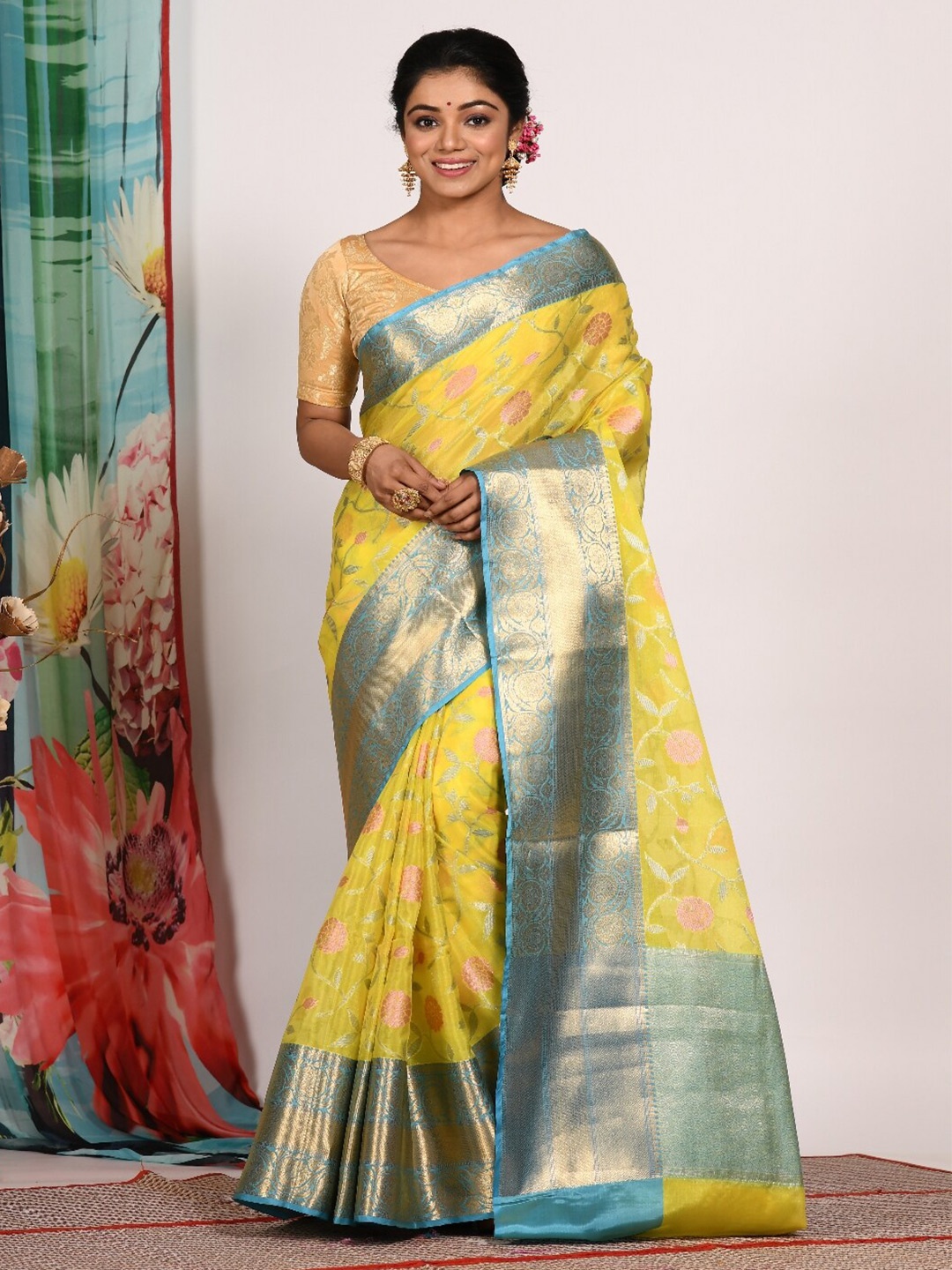 Morchari Floral Woven Design Zari Banarasi Saree, Yellow