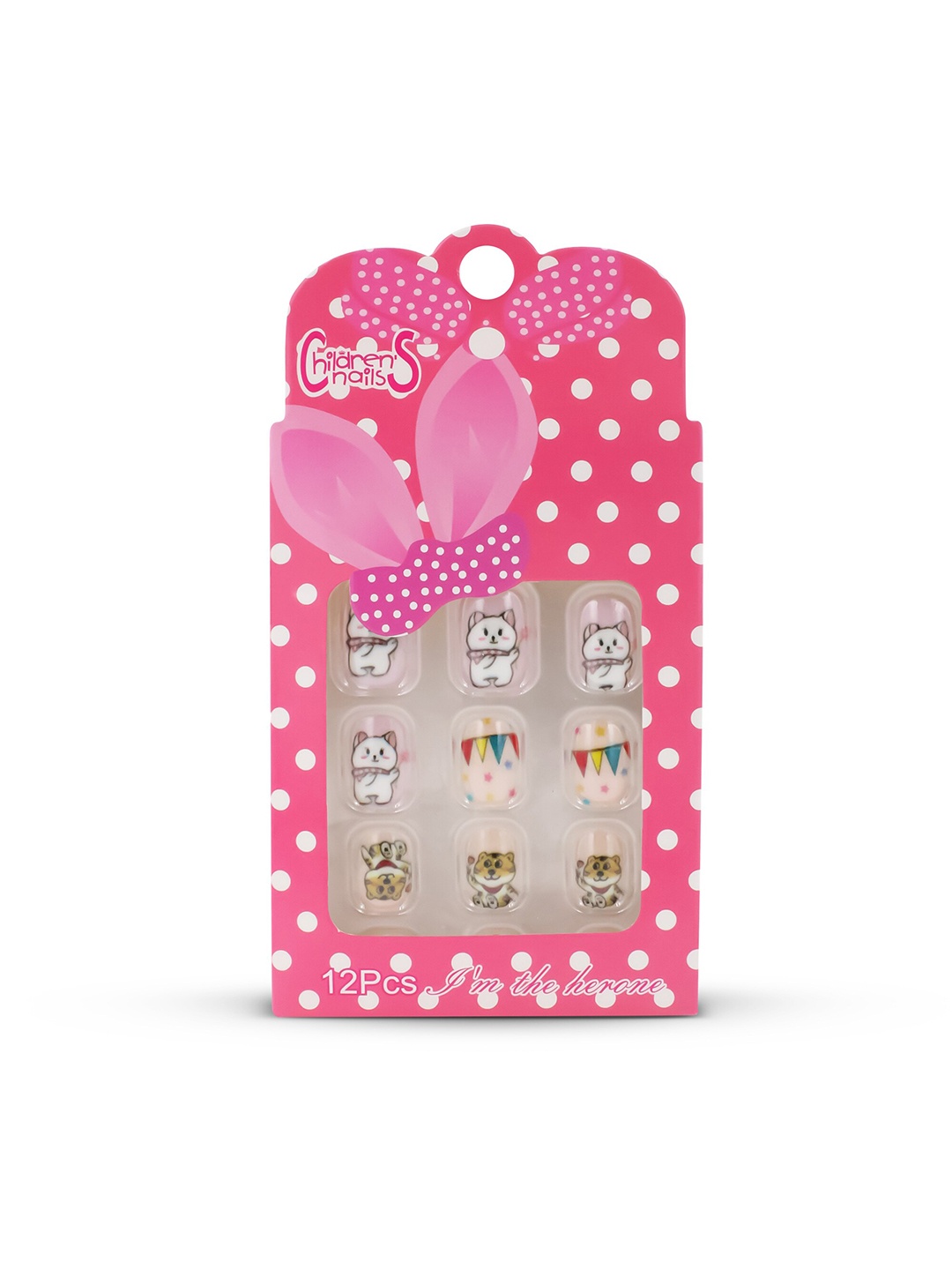 

JENNA Girls 12-Pcs Cat Design Artificial Nails Art Kit With Glue, White