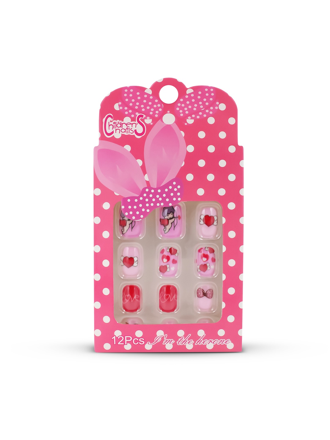 

JENNA 12-Pcs Heart Angel Design Artificial Nails Art Kit With Glue, Pink