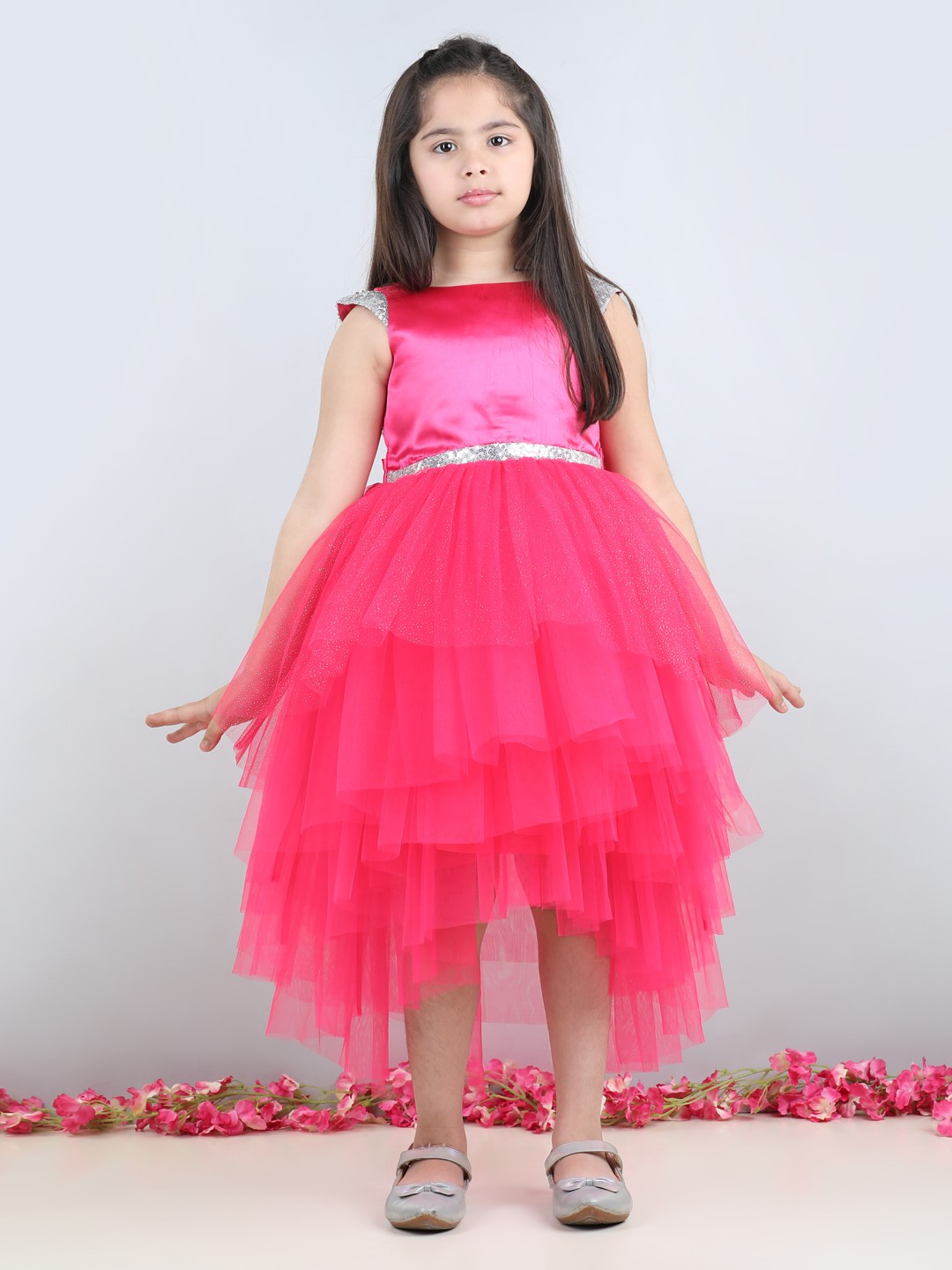 

Toy Balloon kids Girls Round Neck Short Cap Sleeves Fit & Flare Midi Dress, Fuchsia