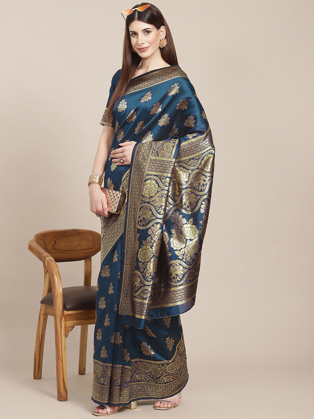 

ARYANARI Woven Design Floral Zari Banarasi Saree, Teal