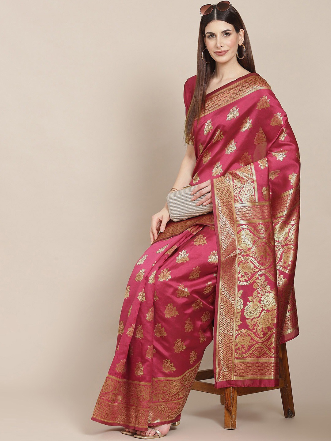 

ARYANARI Woven Design Ethnic Motifs Zari Banarasi Saree, Pink