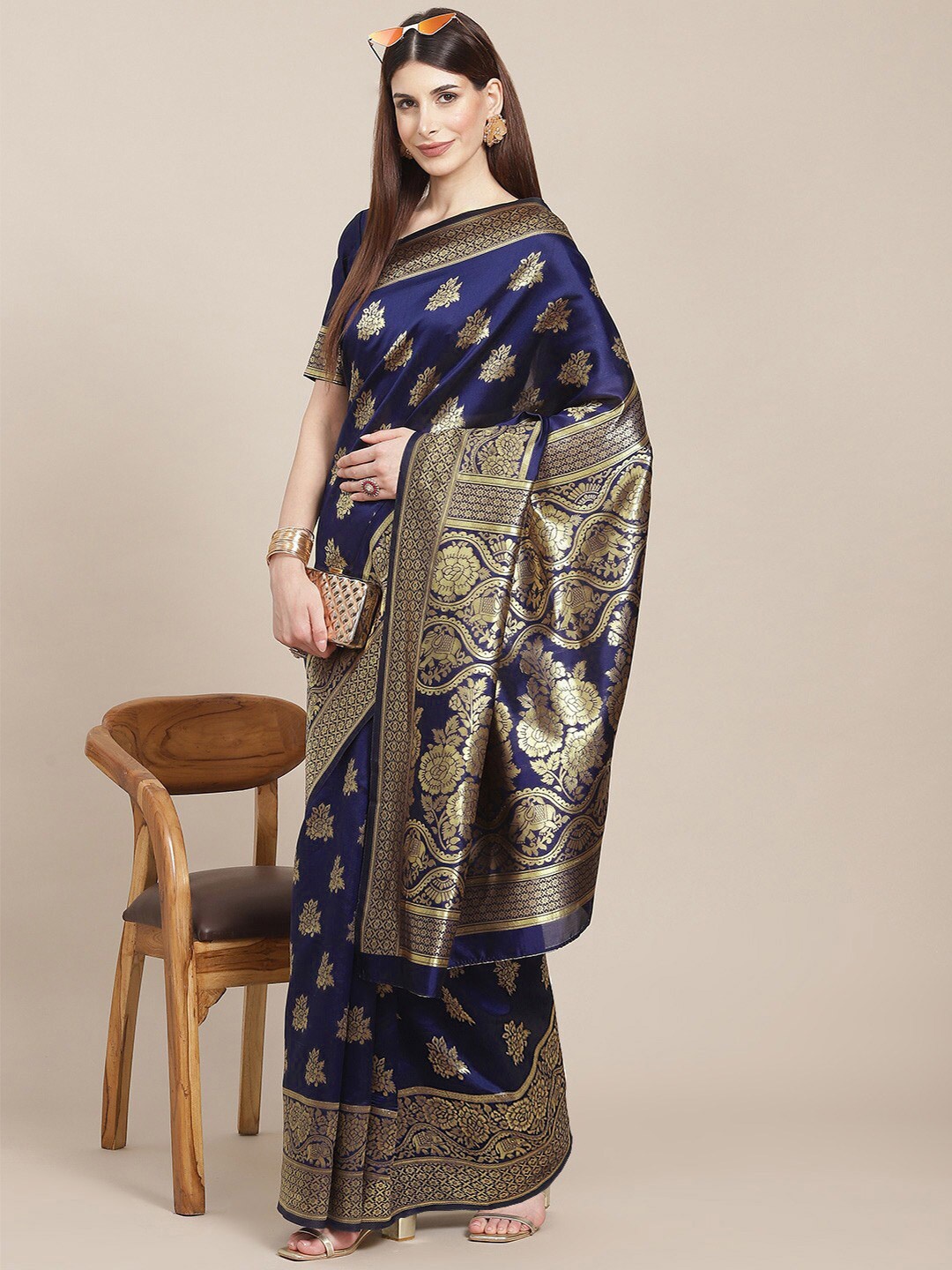 

ARYANARI Woven Design Floral Zari Banarasi Saree, Navy blue