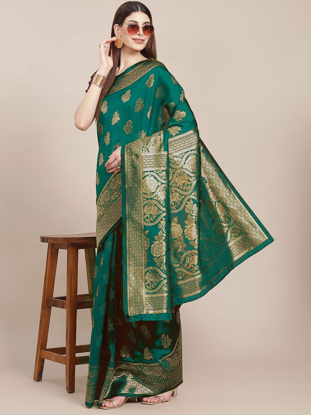 

ARYANARI Woven Design Floral Zari Banarasi Saree, Teal