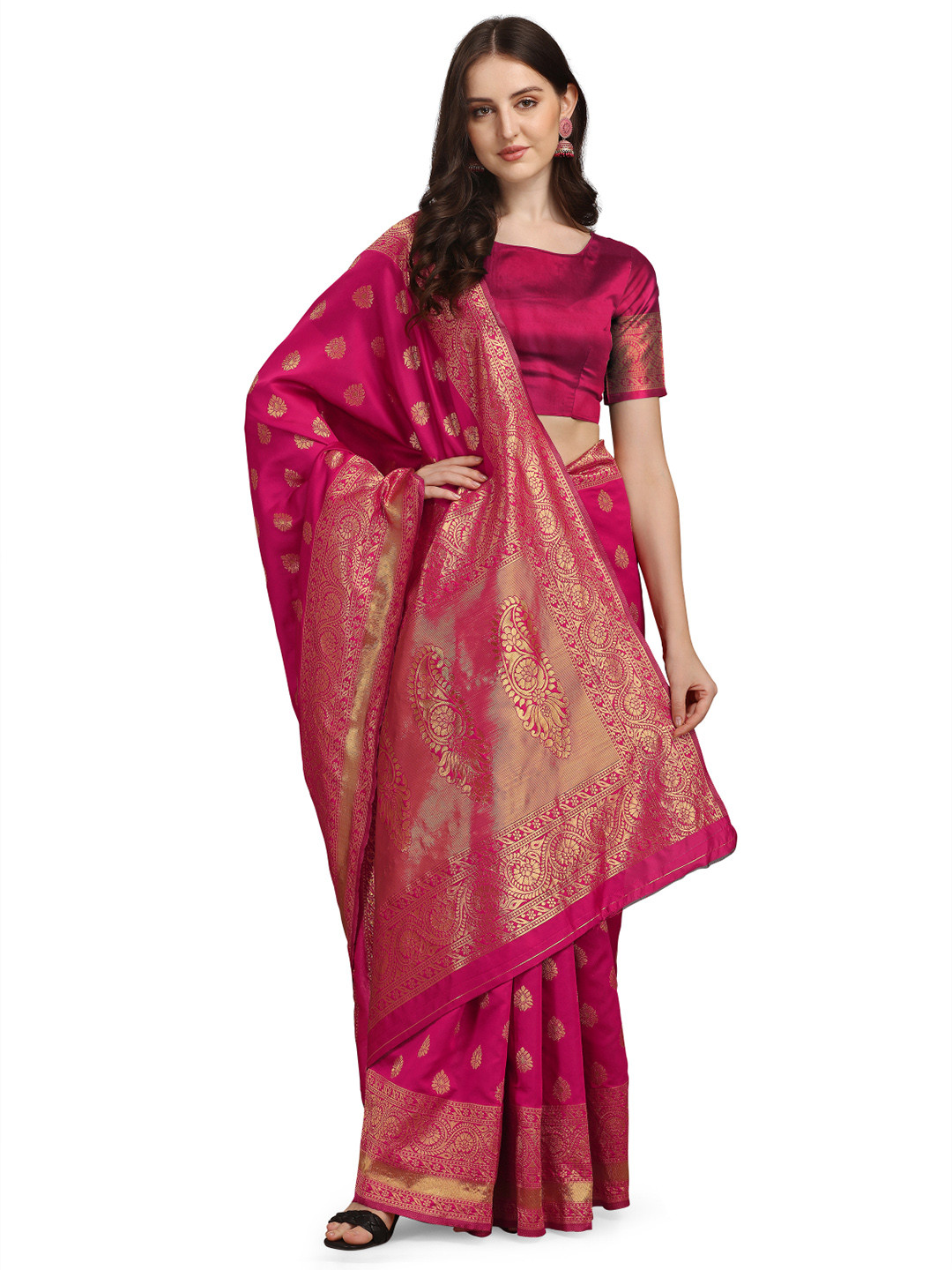 

Crally Ethnic Motifs Woven Design Zari Pure Silk Banarasi Saree, Pink