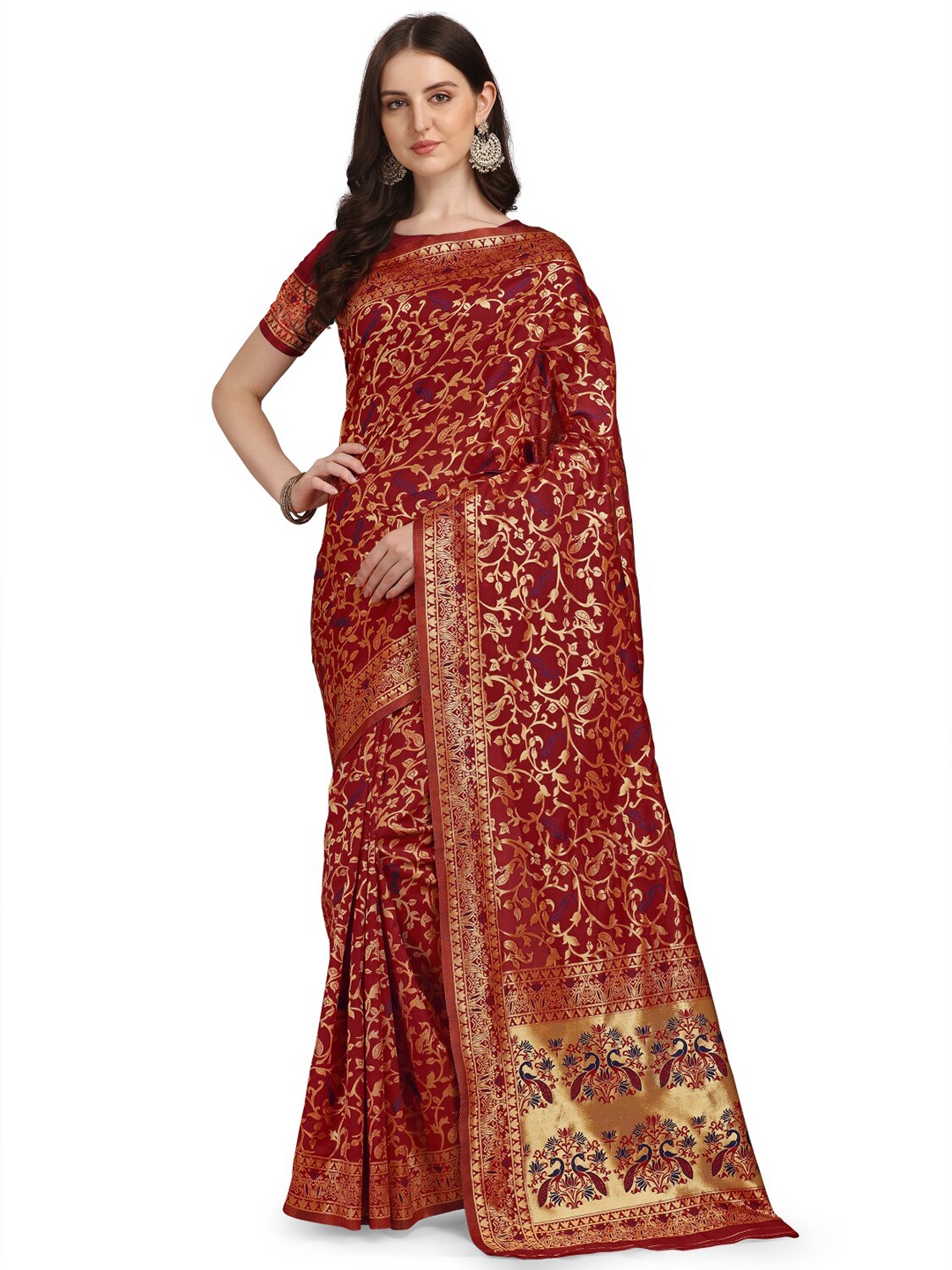 

Crally Ethnic Motifs Woven Design Zari Pure Silk Banarasi Saree, Red