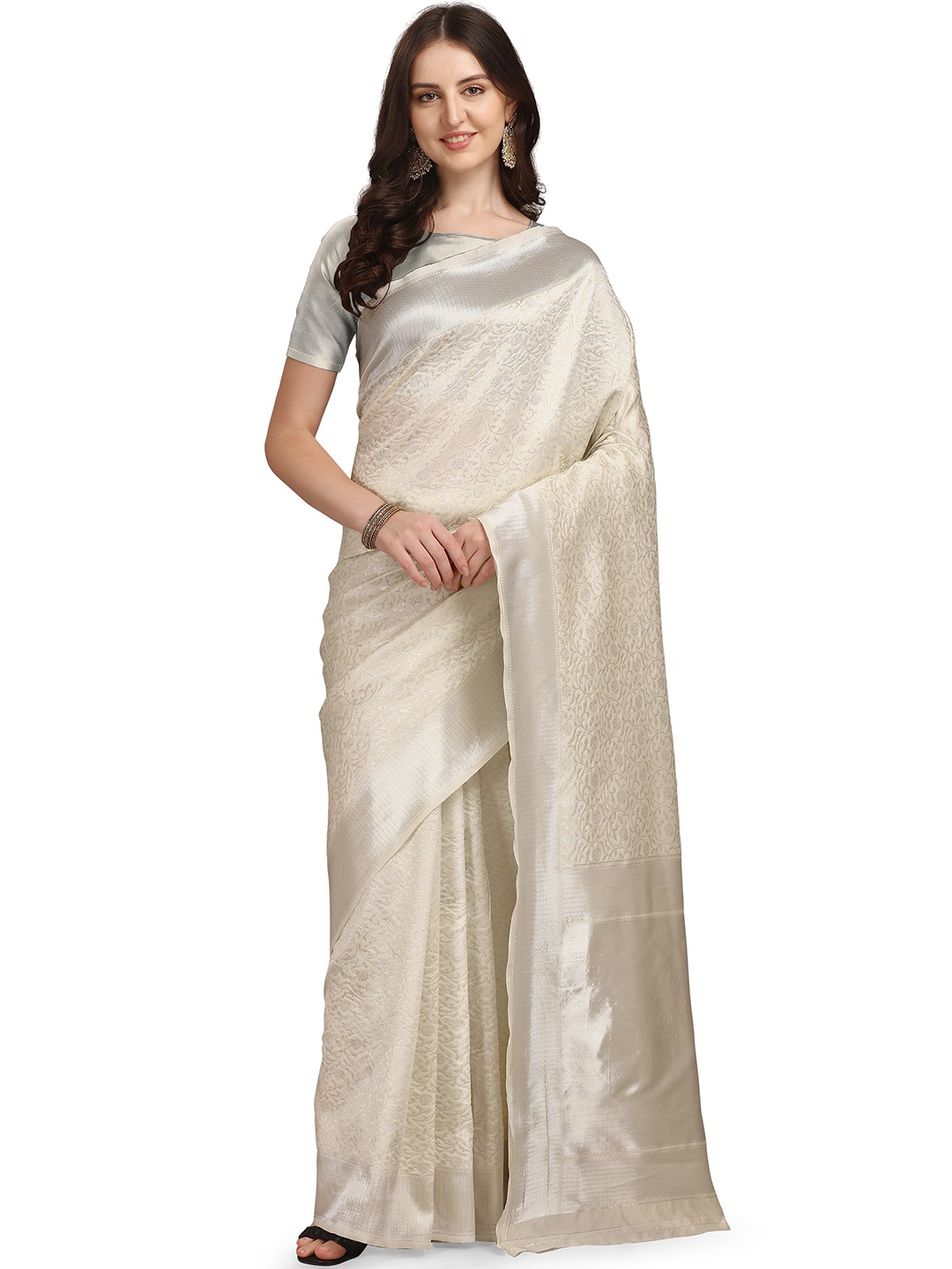 

Crally Ethnic Motifs Woven Design Zari Pure Silk Banarasi Saree, Off white