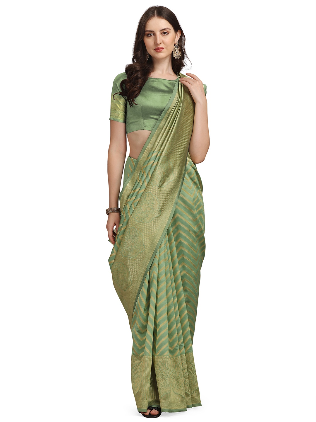 

Crally Woven Design Zari Pure Silk Banarasi Saree, Olive
