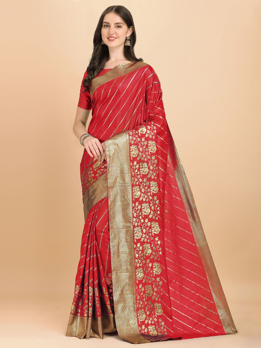 

Crally Striped Zari Pure Silk Banarasi Saree, Red