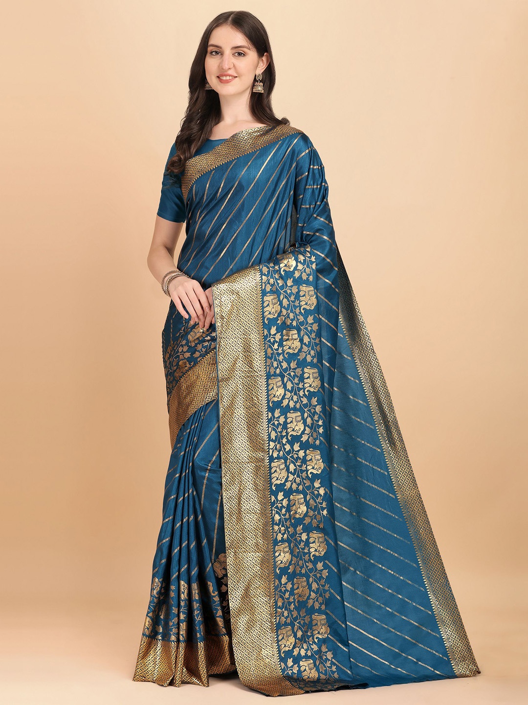 

Crally Woven Design Striped Zari Pure Silk Banarasi Saree, Turquoise blue