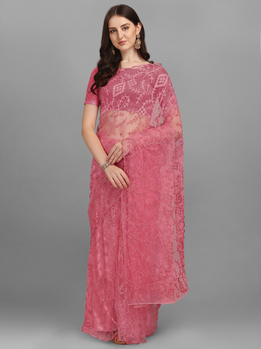 

Crally Floral Embroidered Sequinned Net Saree, Pink