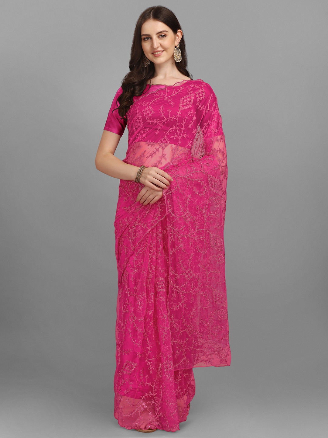 

Crally Embroidered Floral Sequinned Net Saree, Pink