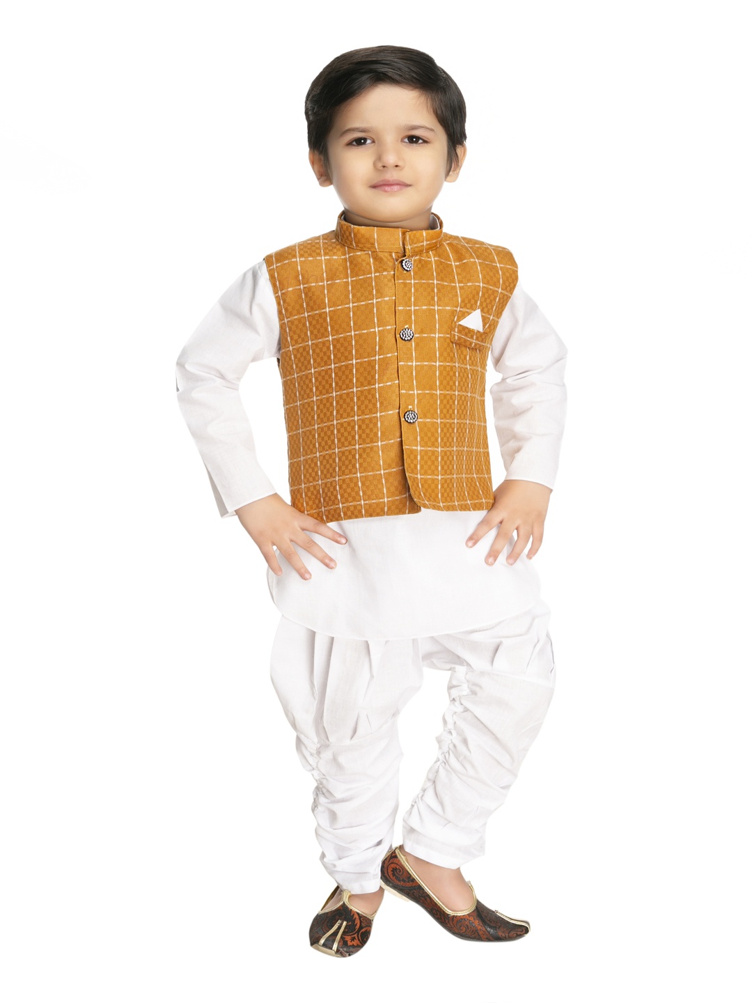 

BAESD Boys Mandarin Collar Straight Kurta With Dhoti Pants, Yellow