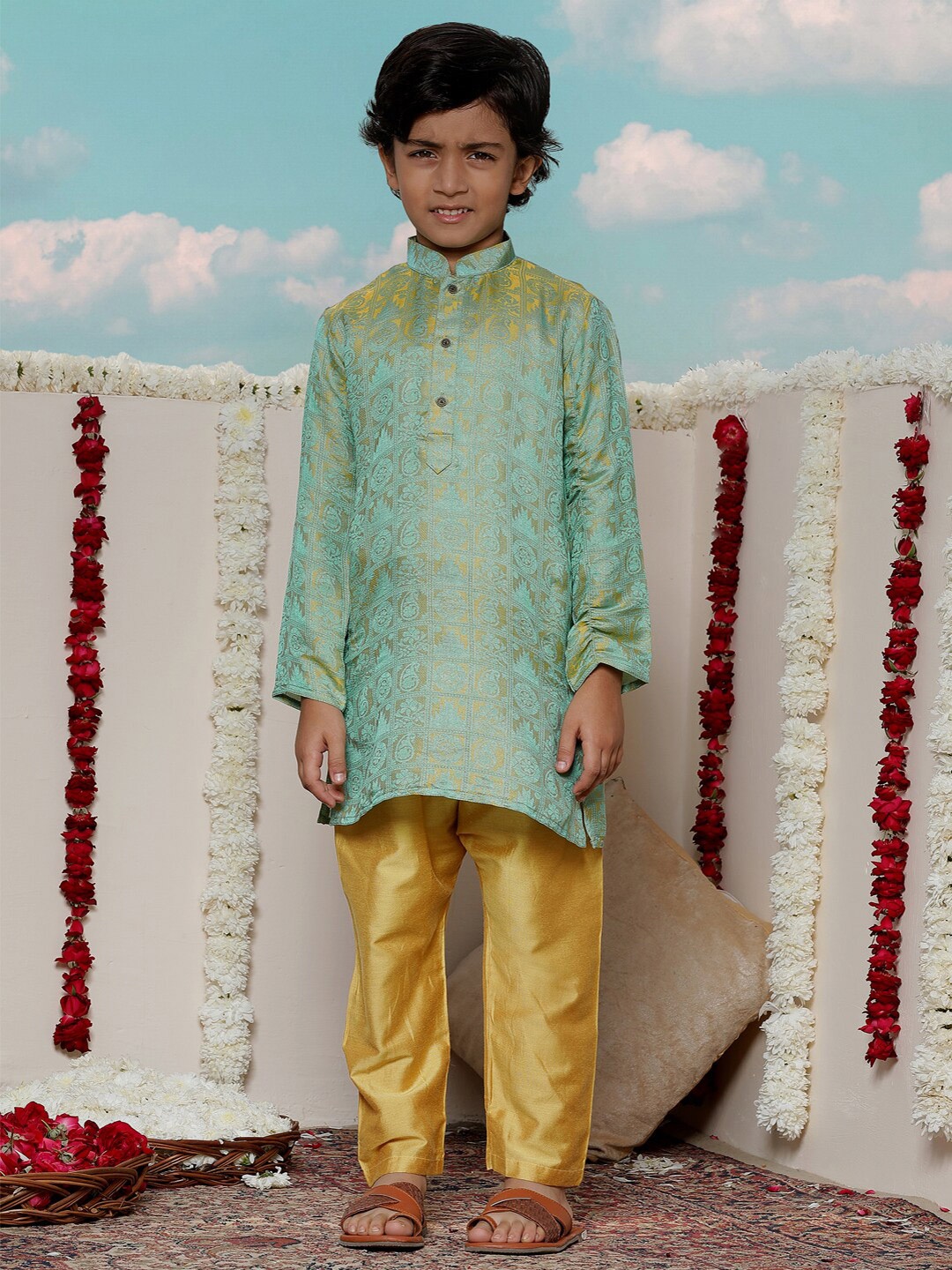 

JBN Creation Boy Mandarin Collar Long Sleeves Kurta with Pyjamas, Mustard