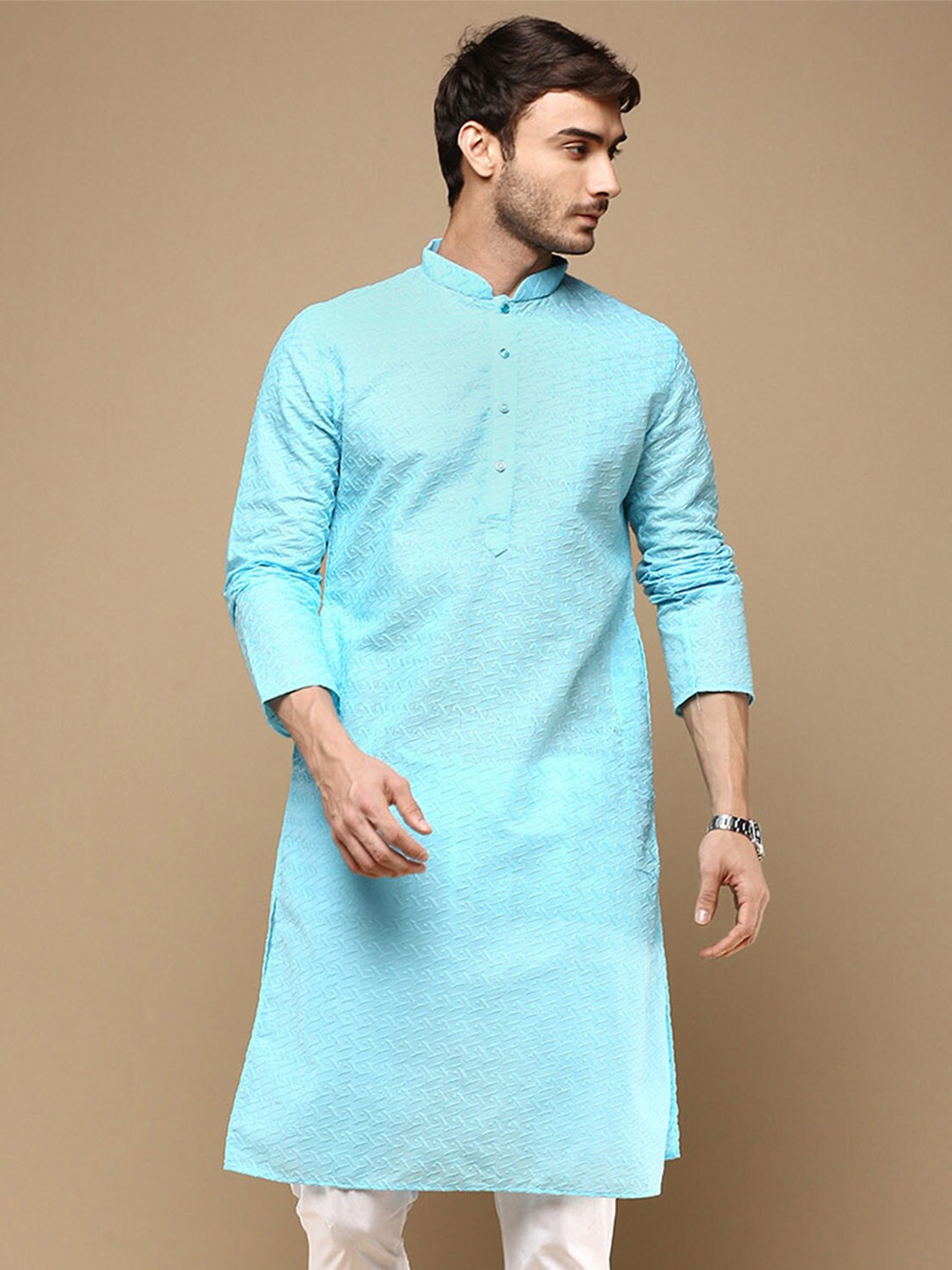 

Sanwara Men Ethnic Motifs Embroidered Chikankari Mandarin Collar Cotton Straight Kurta, Blue