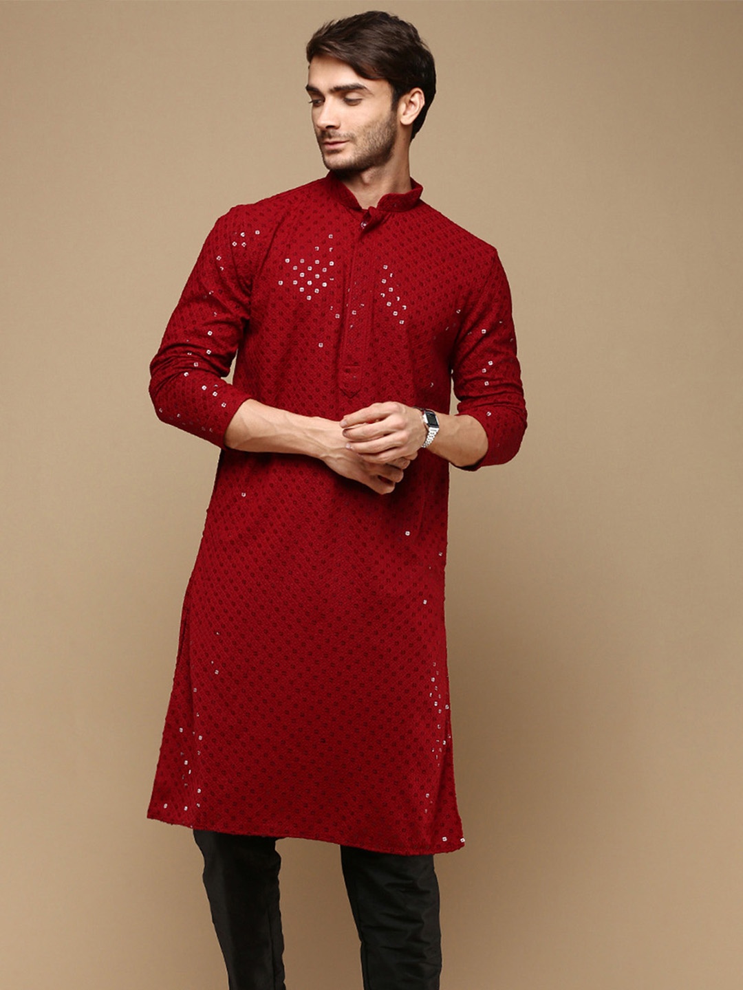 

Sanwara Geometric Embroidered Mandarin Collar Chikankari Cotton Straight Kurta, Maroon