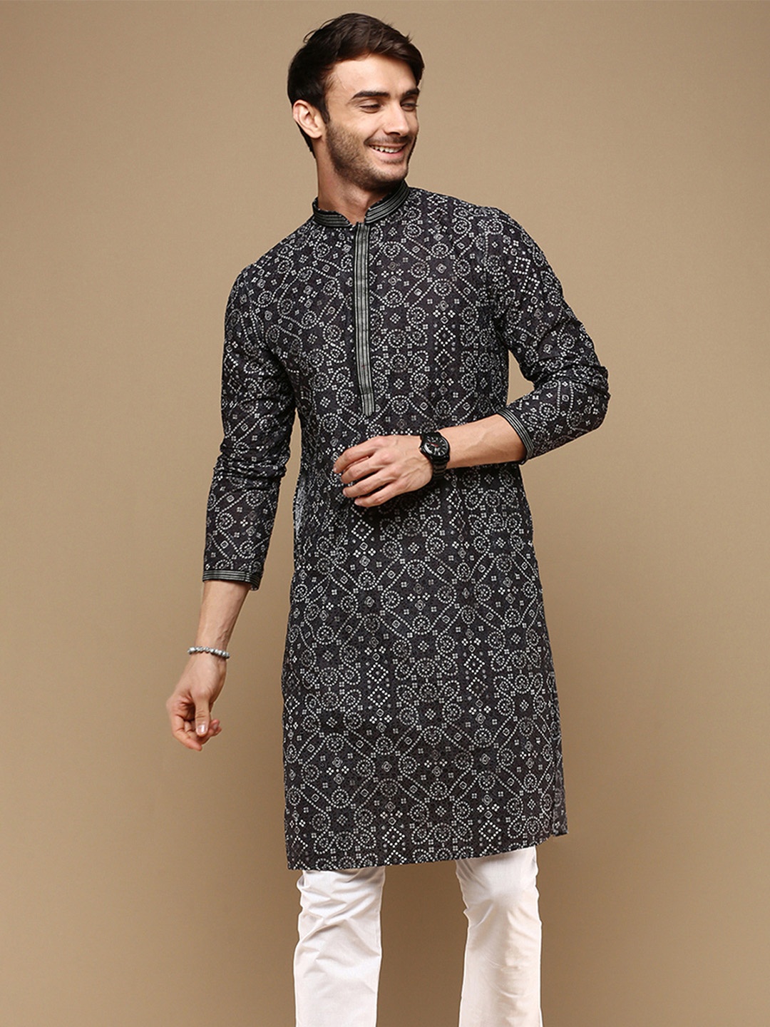 

Sanwara Bandhani Printed Chikankari Straight Kurta, Grey