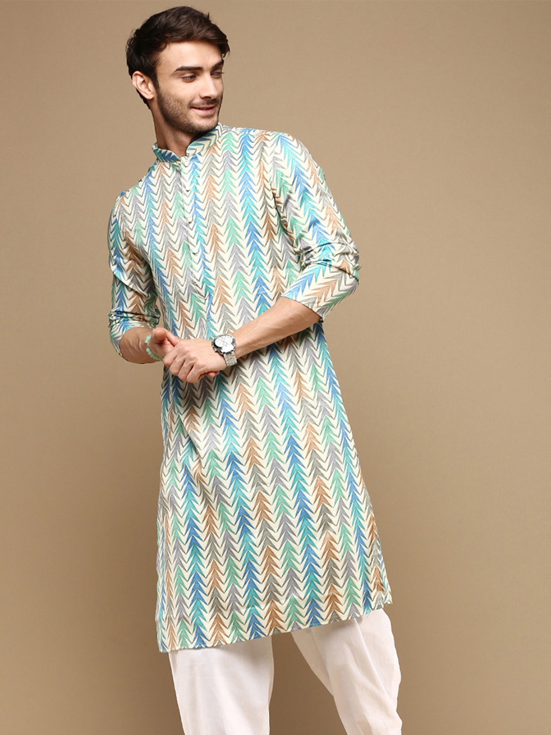 

Sanwara Geometric Printed Mandarin Collar Cotton Straight Kurta, Green