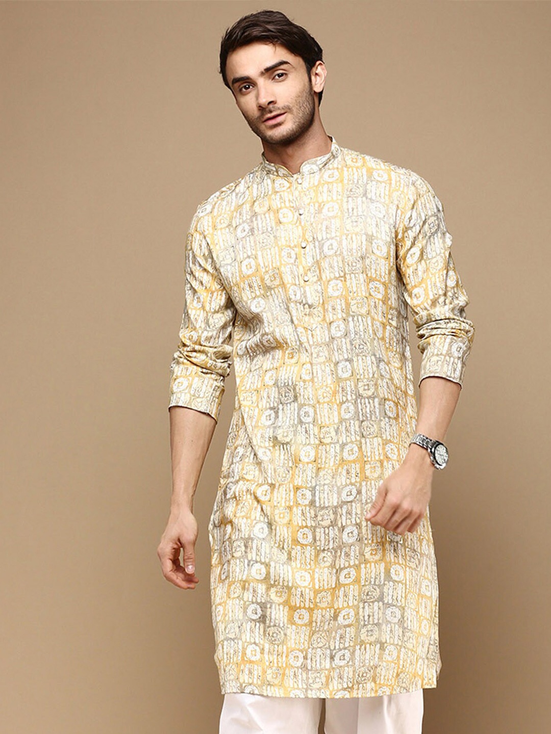 

Sanwara Abstract Printed Mandarin Collar Cotton Straight Kurta, Yellow